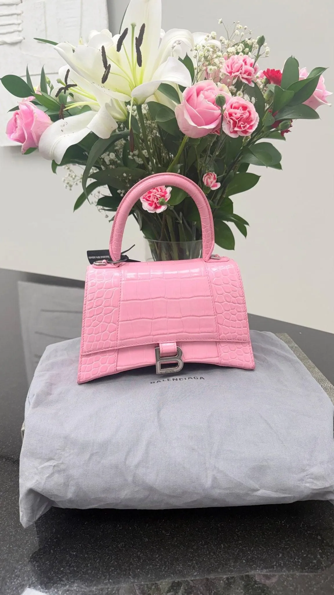 Balenciaga Pink Croc Embossed Leather Hourglass Top Handle Bag