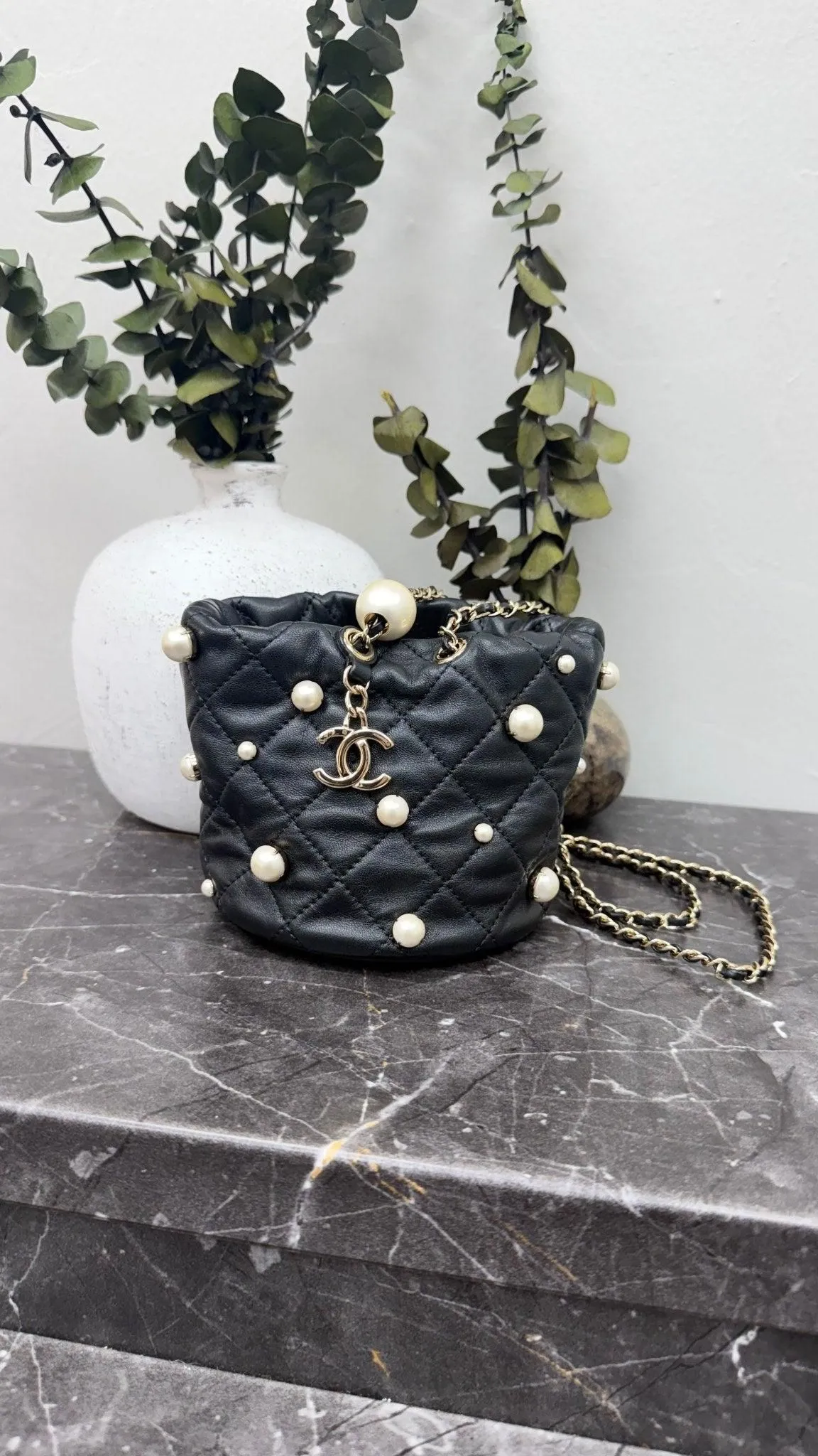 Chanel Black Quilted Lambskin Pearl Mini Bucket Bag