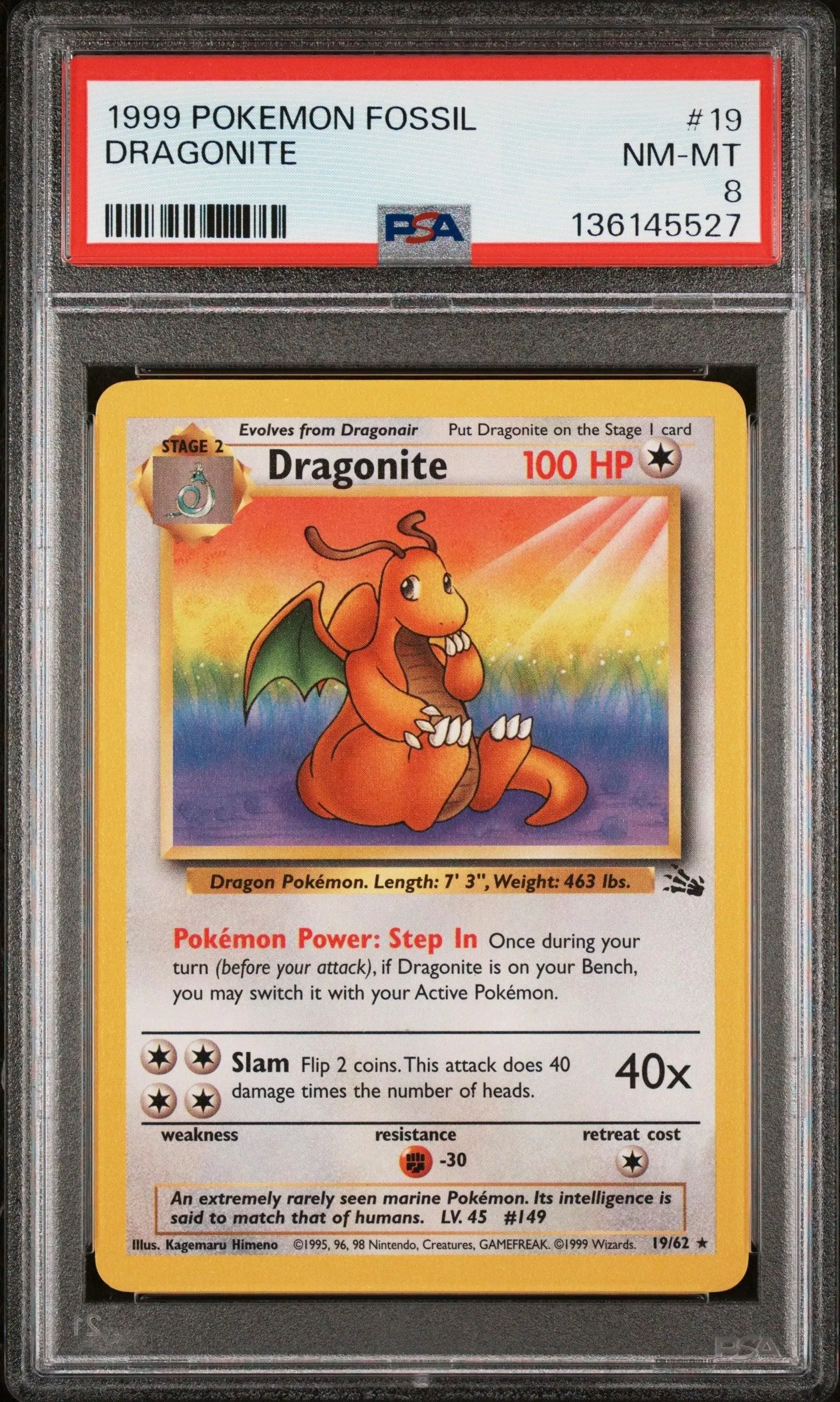 1999 Pokemon Fossil Dragonite 8 PSA #19