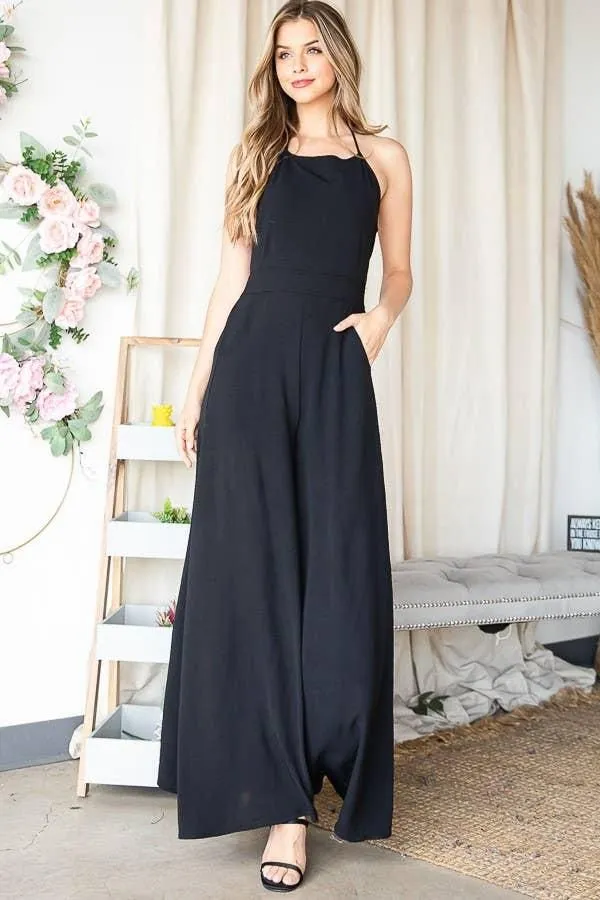 SOLID OPEN BACK WIDE LEG JUMPSUIT