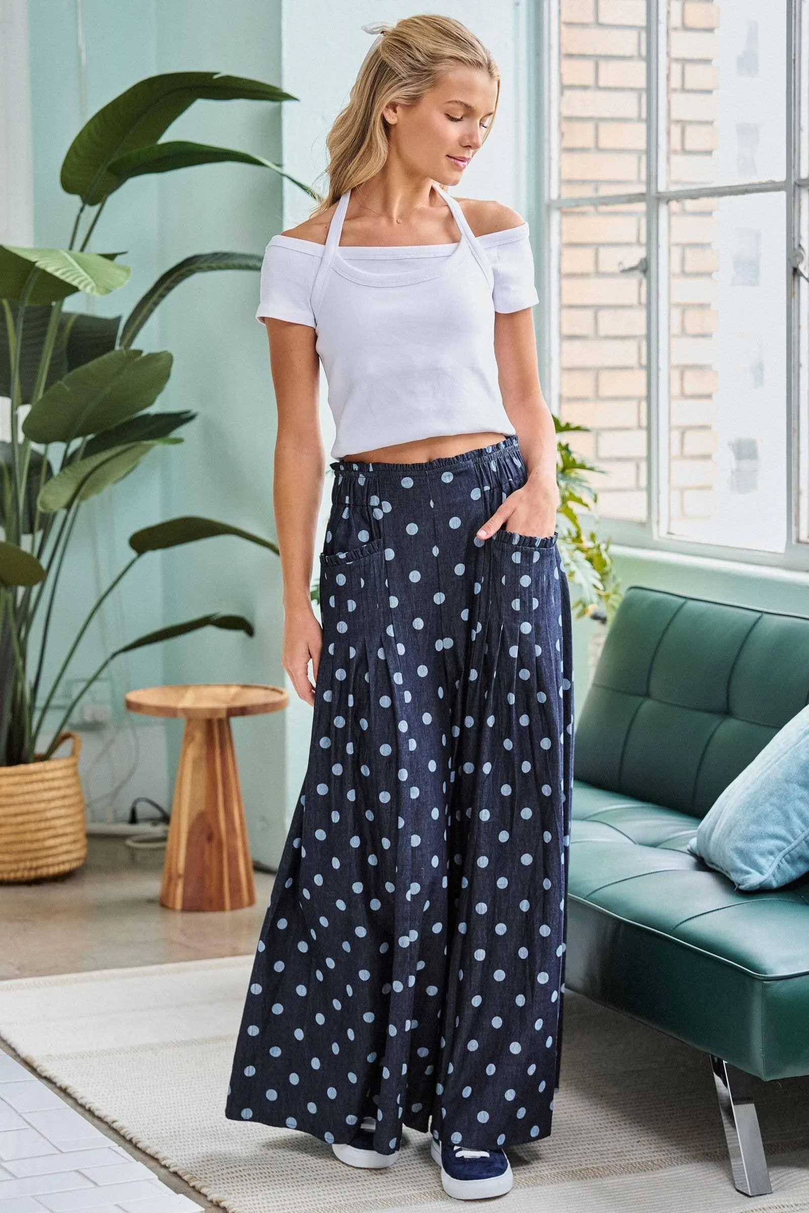 POLKA DOT DENIM PINTUCK WIDE LEG PANTS
