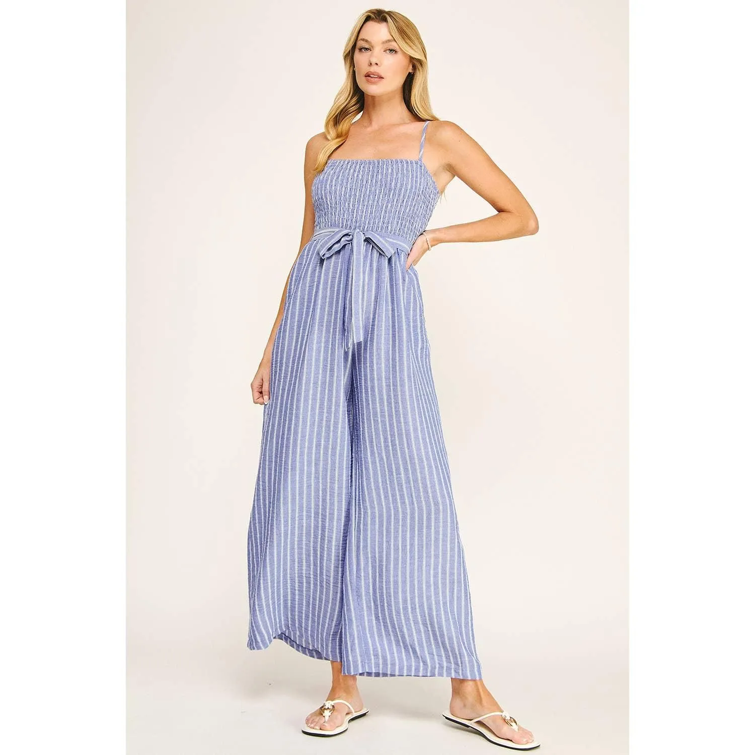 BLUE COASTAL STRIPE SMOCKED WIDE LEG JUMPSUIT
