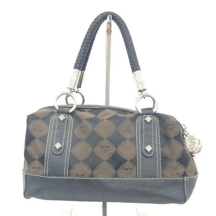 MCM Coated Canvas/ Leather Black/Brown Handbag Boston Bag Gold Hardware 11x6x7
