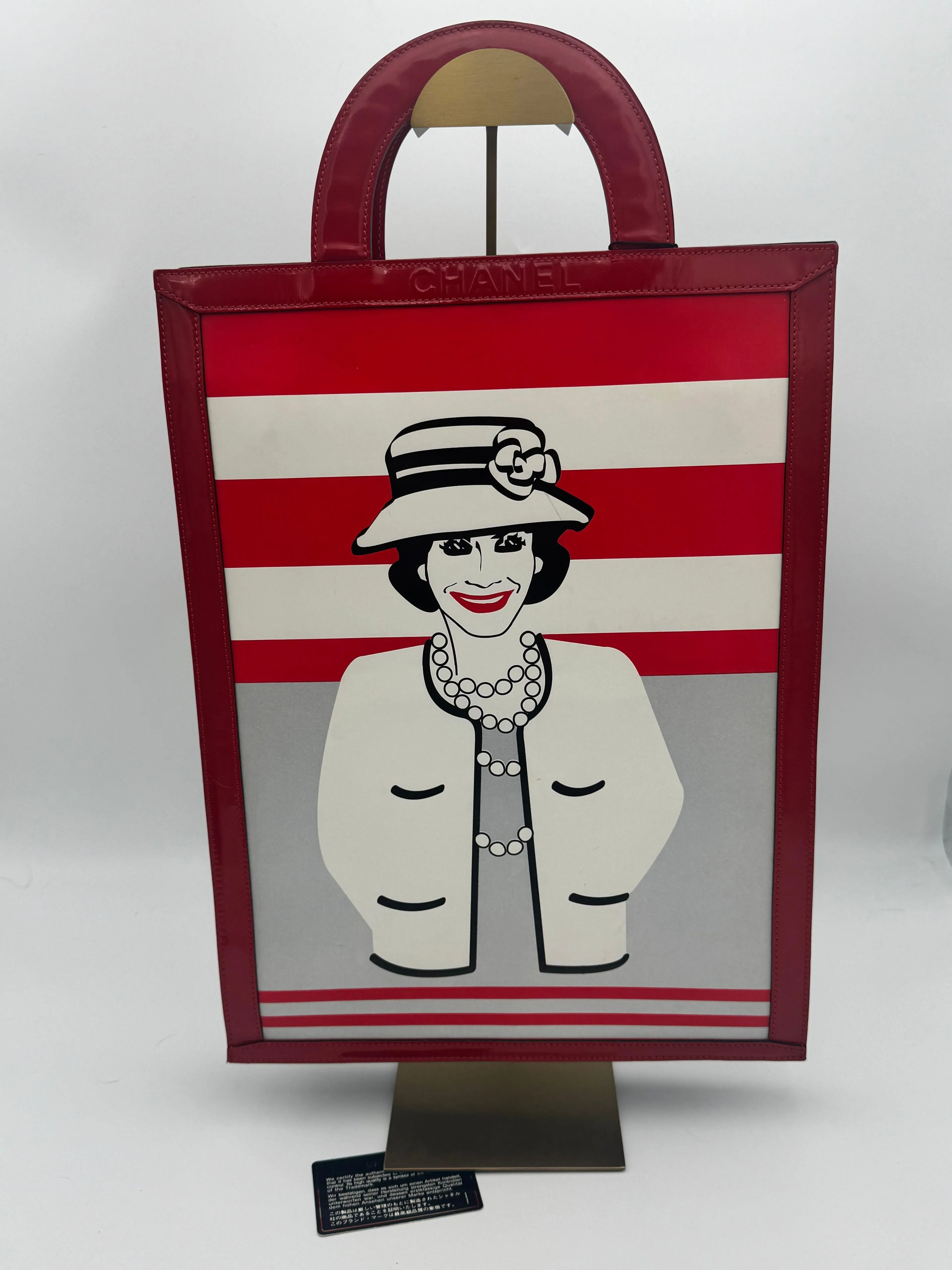 Chanel Coco Portrait Stripe Tote Bag Red White Patent Leather