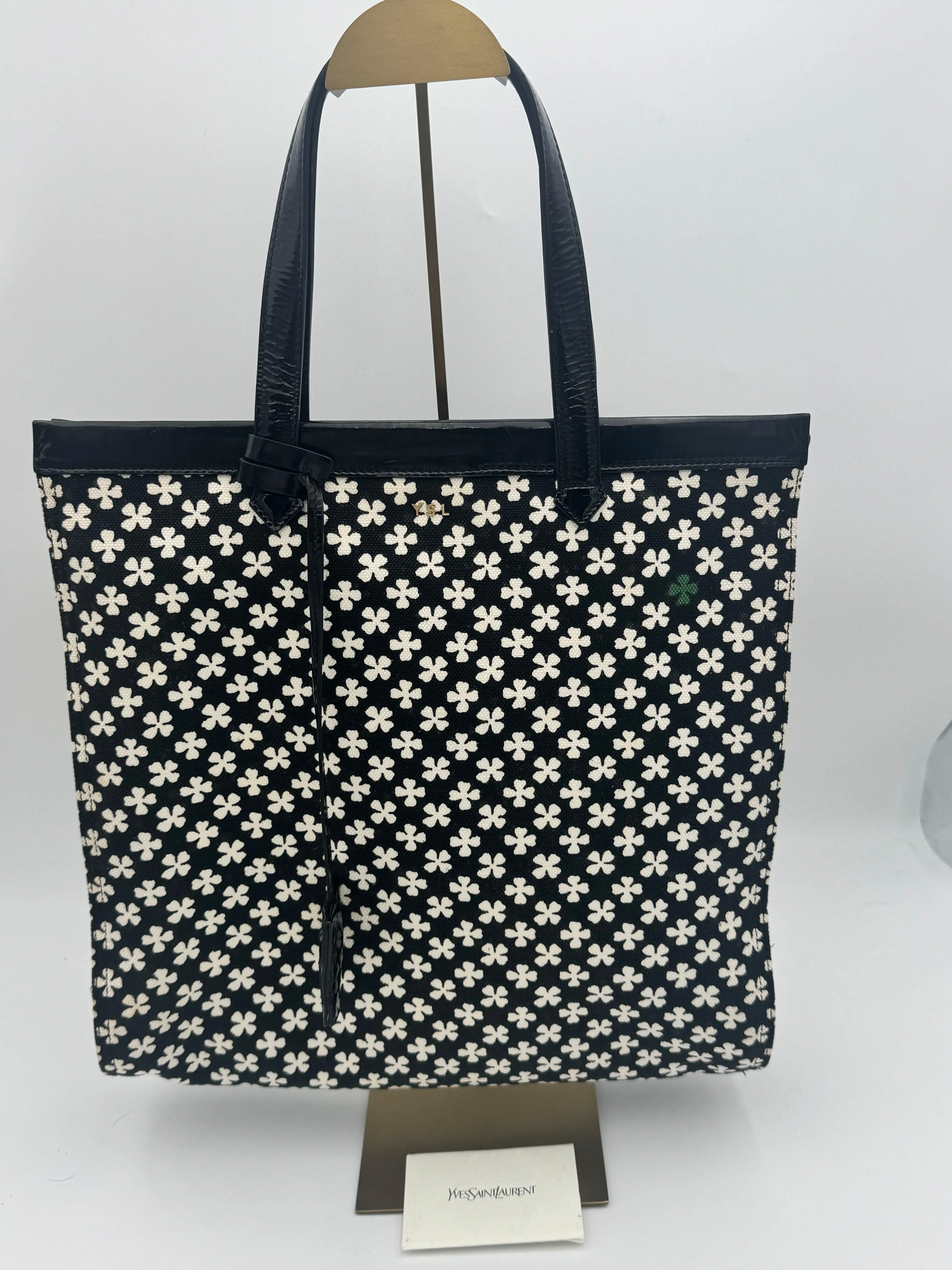 YSL Yves Saint Laurent Black White Floral Jacquard Tote Bag