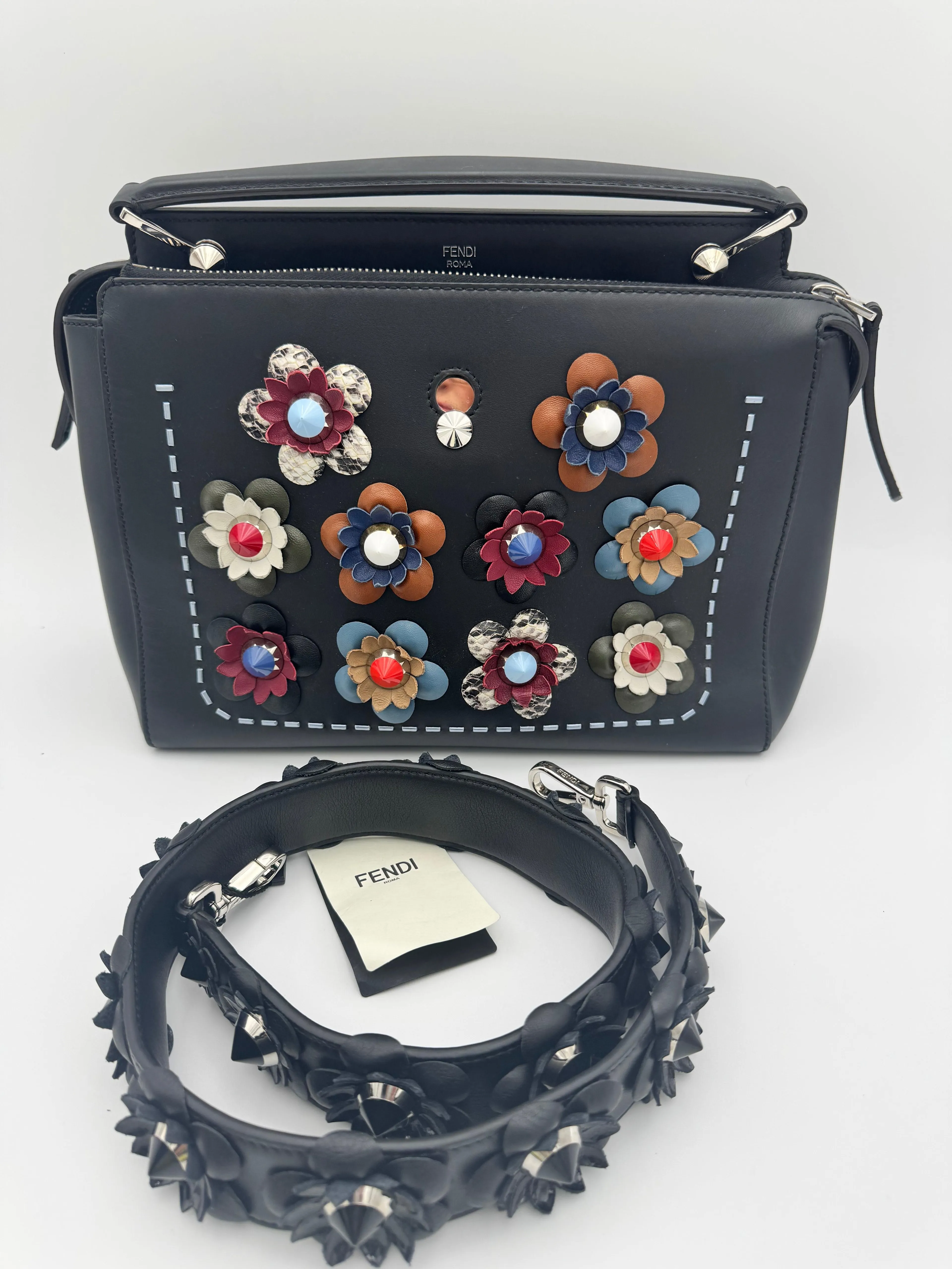 Fendi Dotcom – Navy Flowerland Appliqué with Spike Strap New With Tags