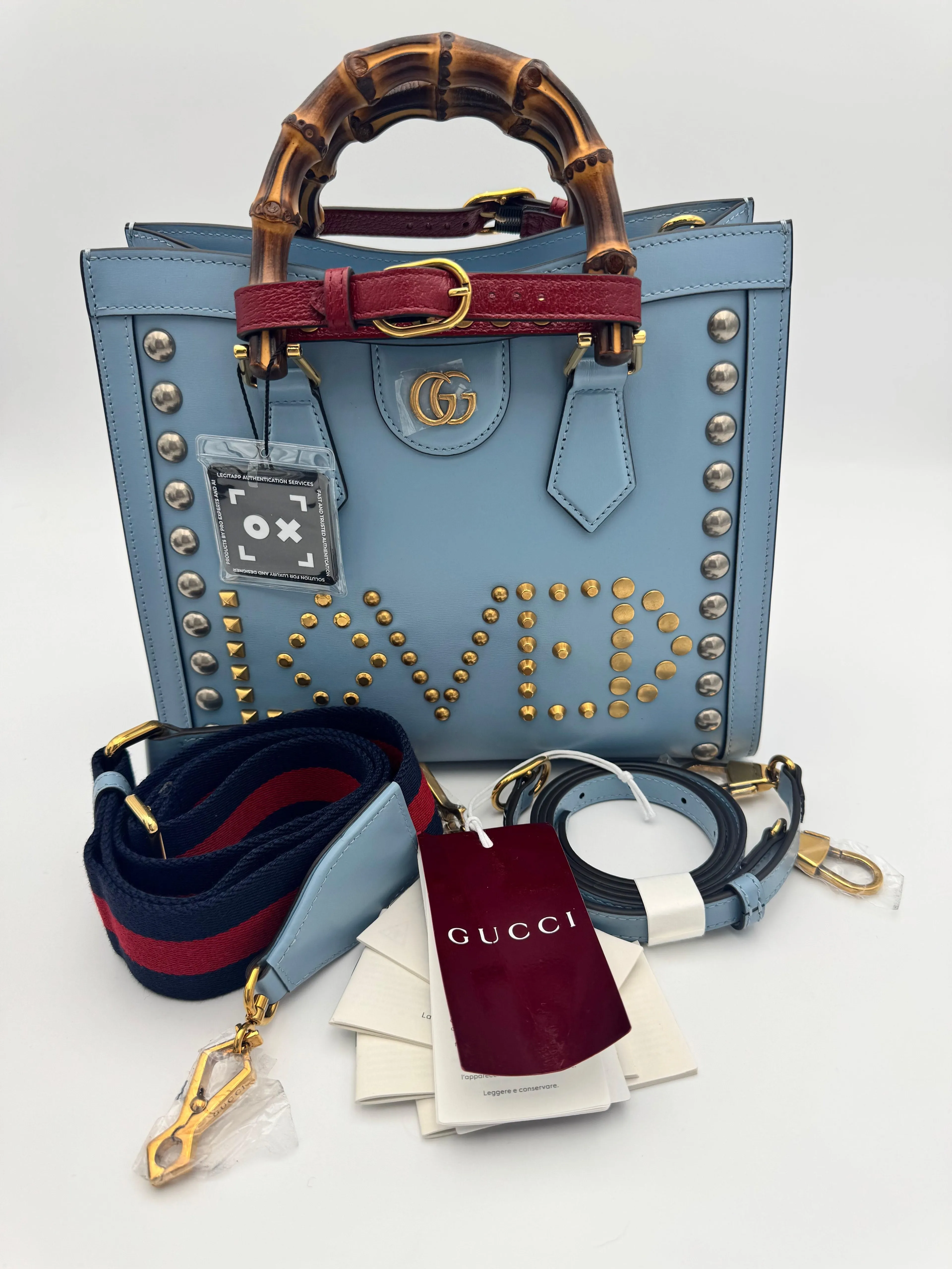 Gucci Diana Small Tote – Light Blue LOVED Stud Embellishment Bamboo Handle Full Set