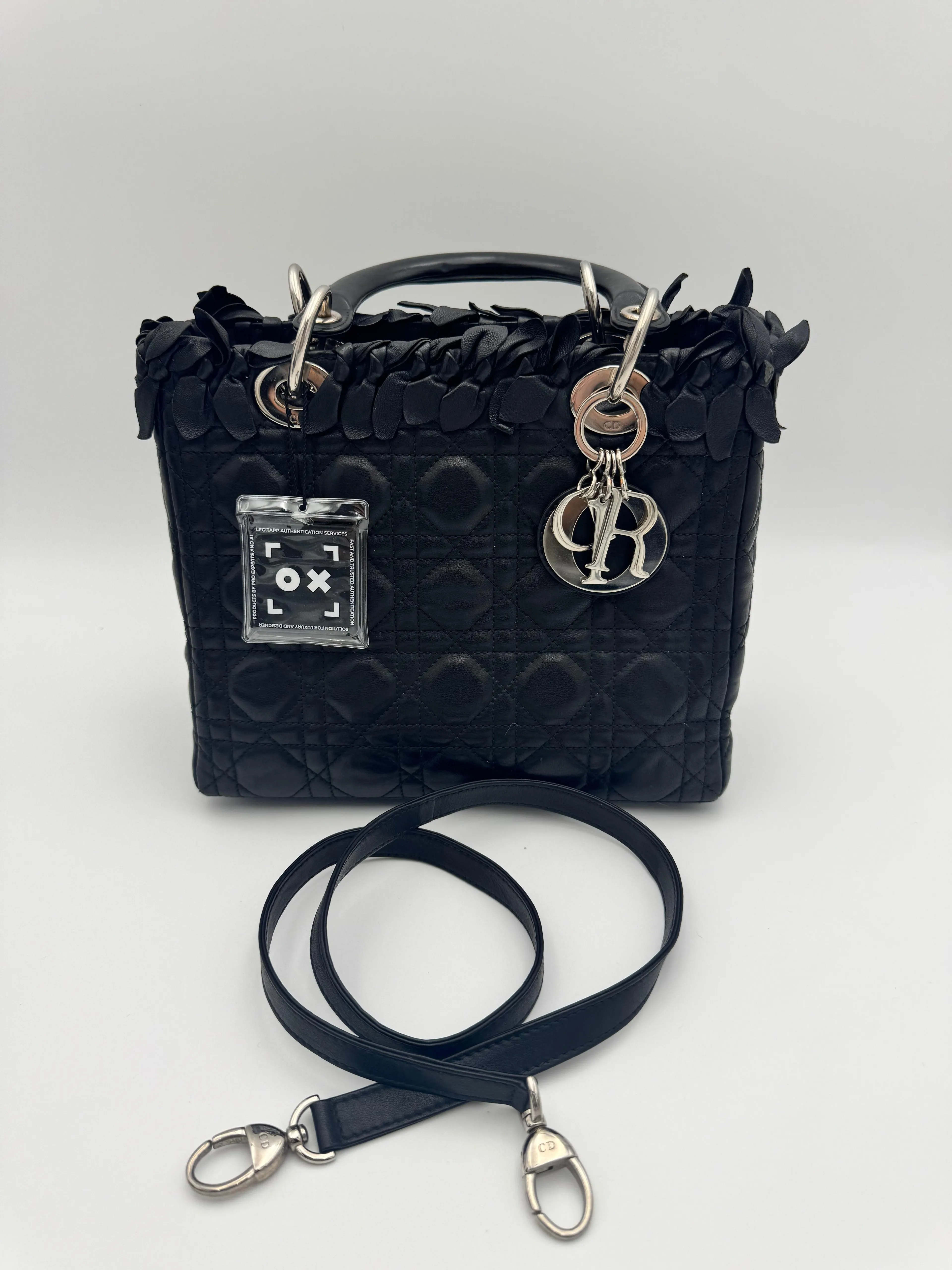 Christian Dior Lady Dior Medium – Black Leather Petal Appliqué Silver Hardware