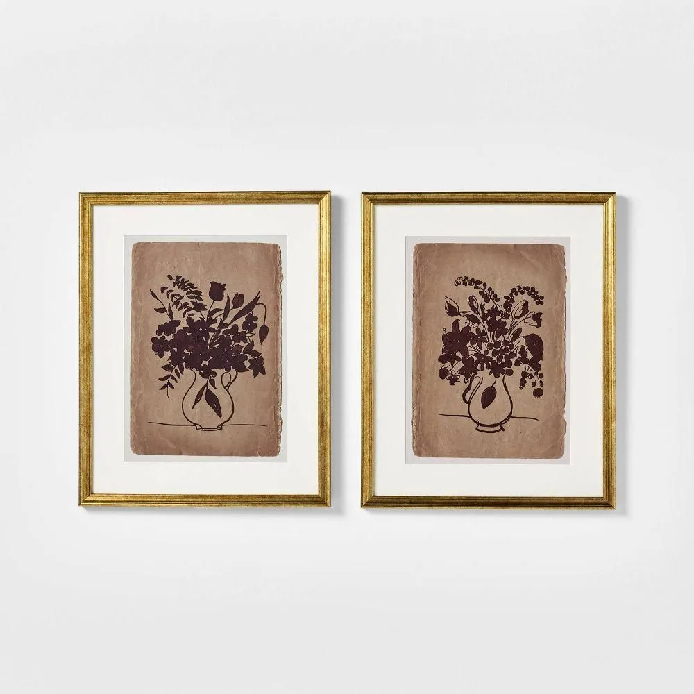 New without box - 16"x20" Set of 2 Floral Line Framed Wall Art Gold - Threshold
