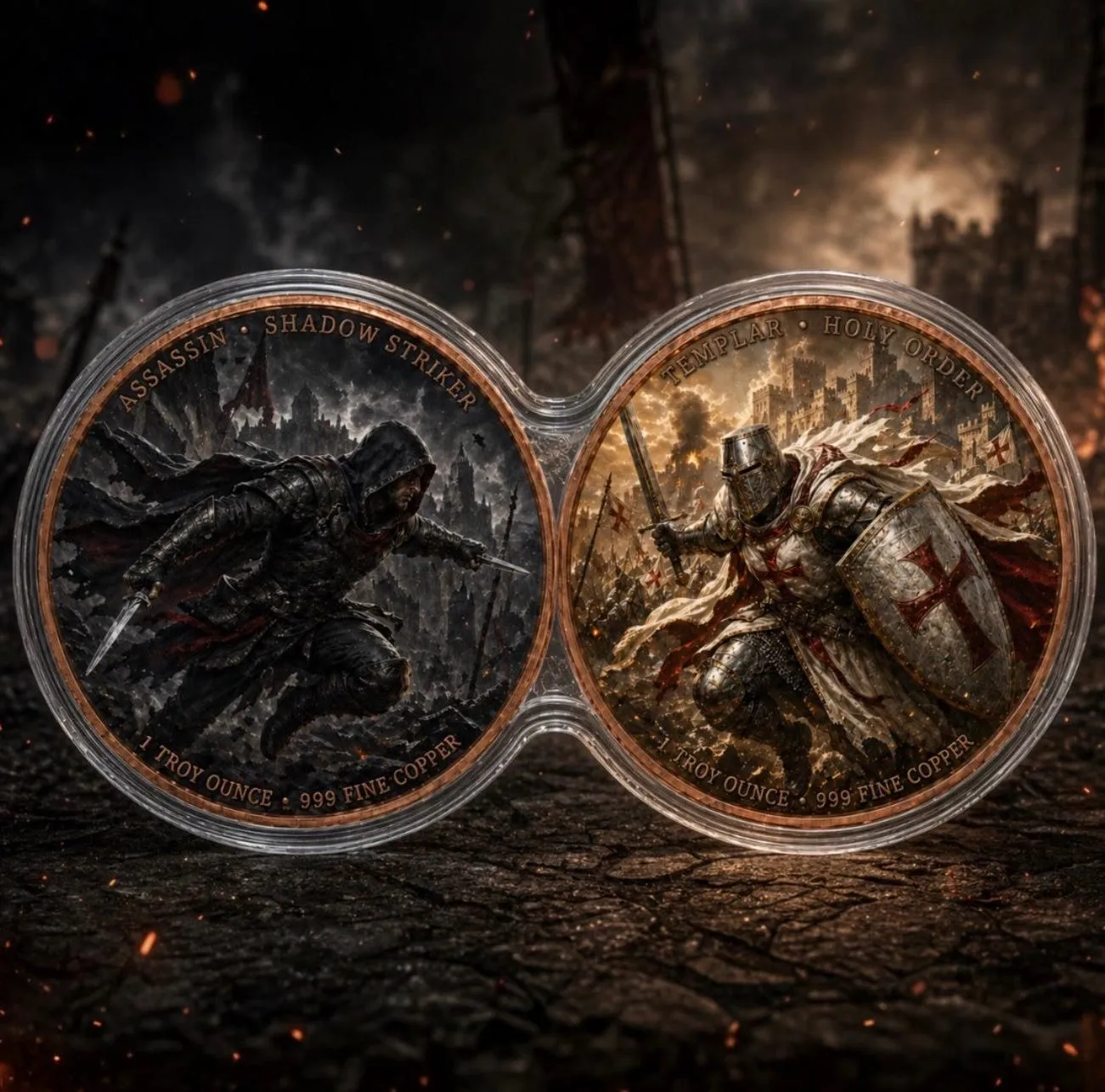In Stock! Assassin vs Templar Infinity Copper Coin Pair | 2 x 1 Troy Ounce .999 Fine Copper with Infinity Display Capsule