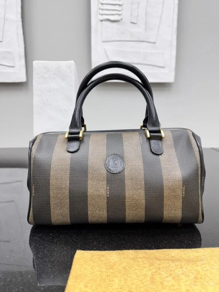 Fendi Black And Brown Coated Canvas Pequin Small Boston Bag