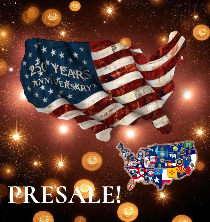In Stock! 2026 10oz .999 Colorized Copper USA Shaped 250 year Anniversary Bar (2500 Mintage)