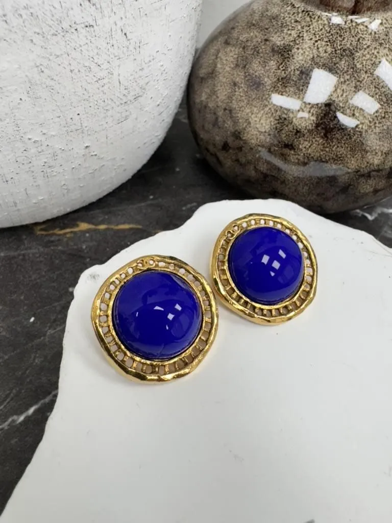 Chanel Blue And Gold Tone Gripoix Earrings