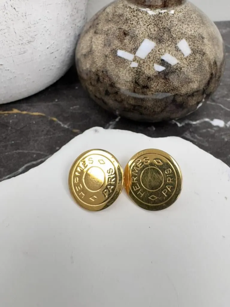 Hermes Gold Tone Sellier Earrings