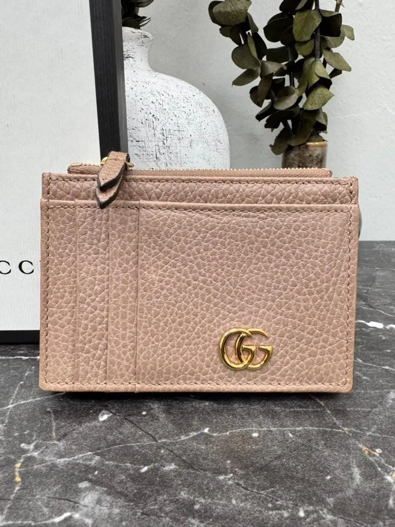 Gucci Light Brwon Pebbled Leather GG Marmont Zip Card Case