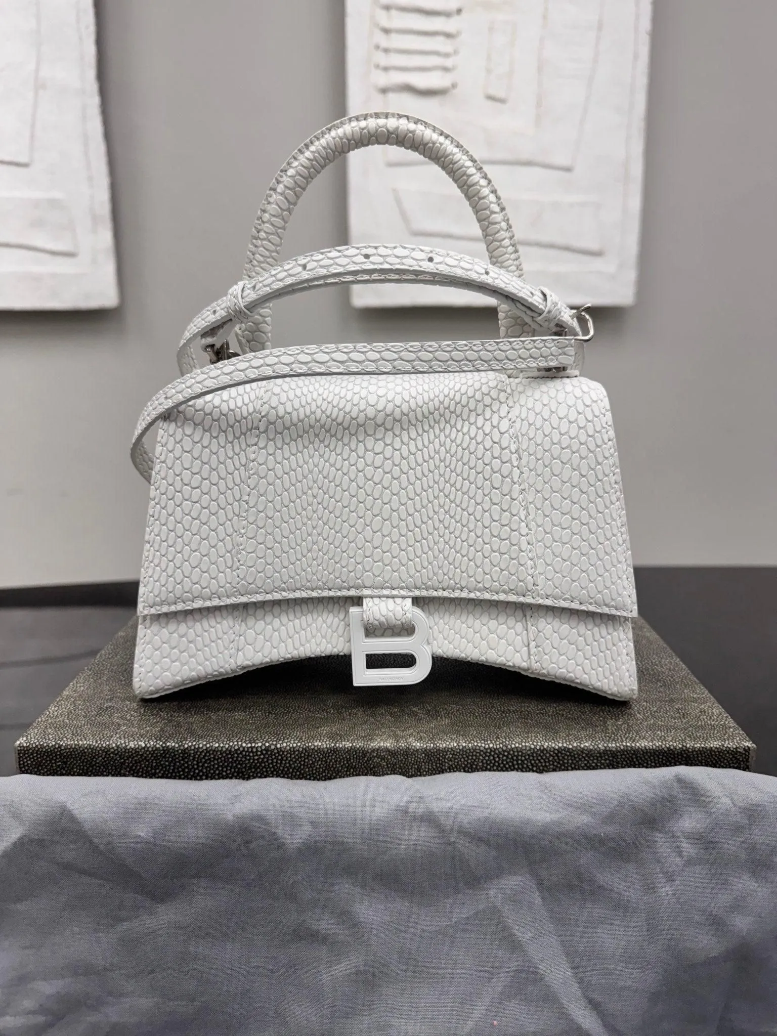 Balenciaga White Snakeskin Embossed Leather Small Hourglass 2Way Bag