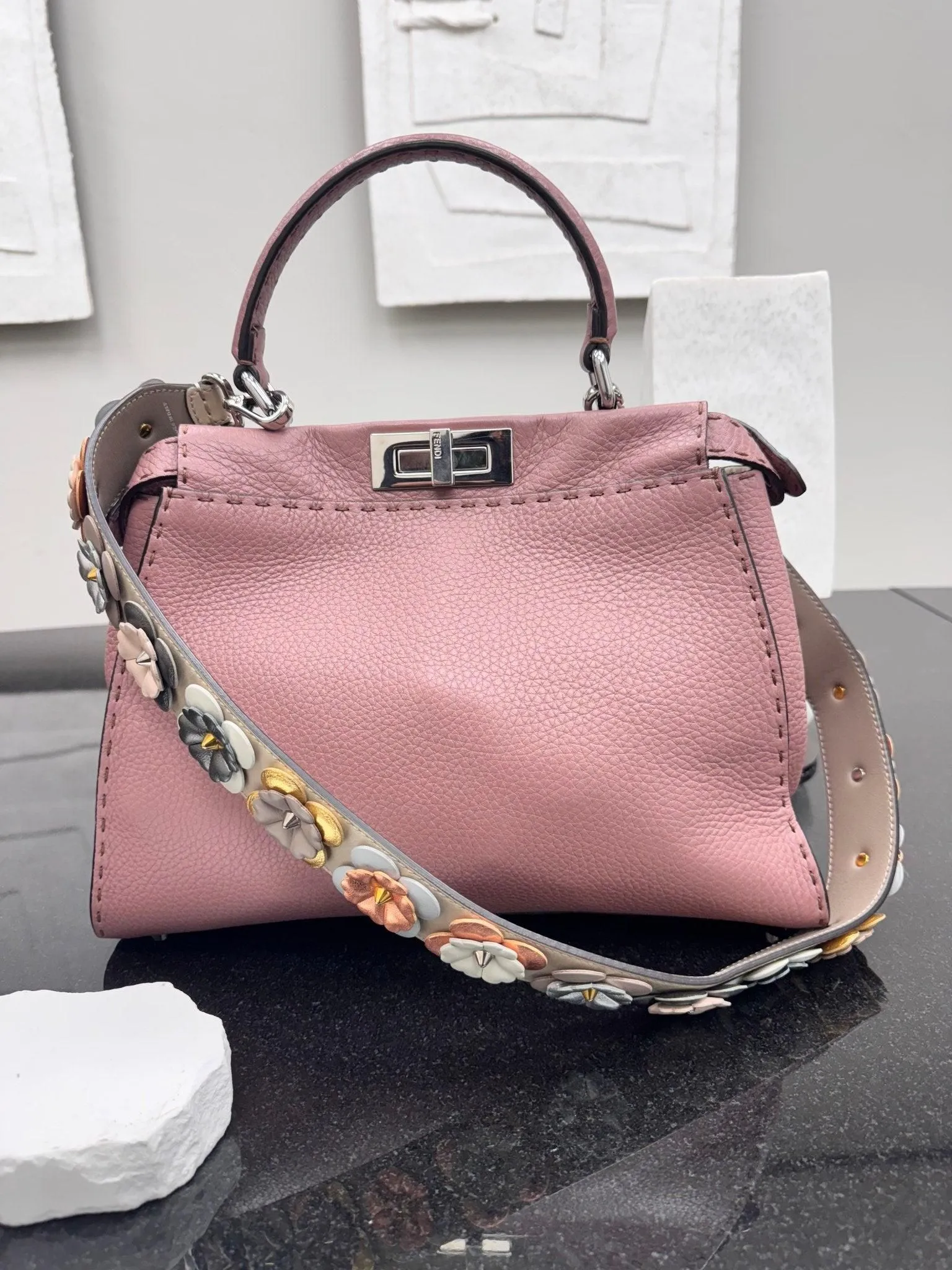 Fendi Dusty Rose Grained Leather Peekaboo Medium 2Way Bag With Flower Strap
