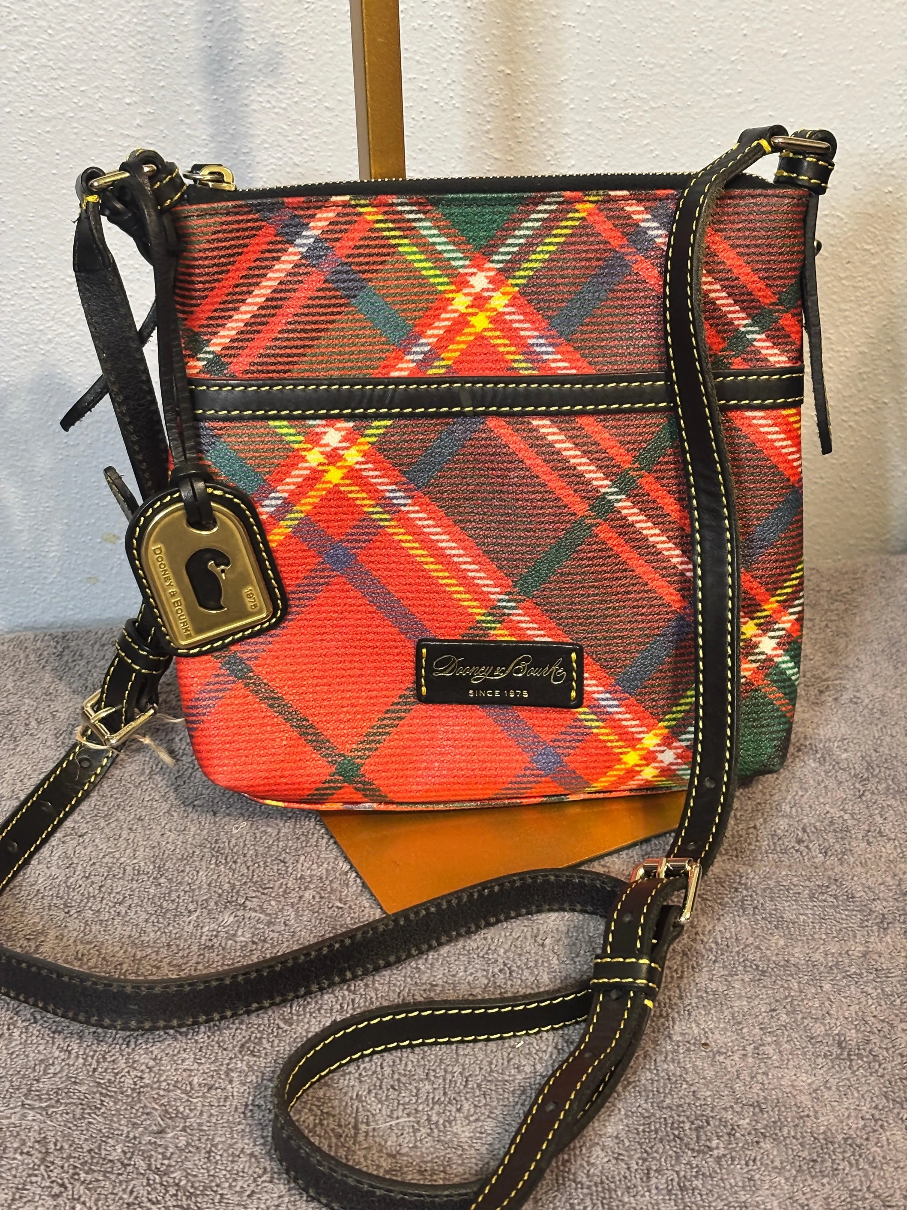 Dooney & Bourke Tartan Plaid Crossbody Bag Red Black Green Coated Canvas Leather Trim