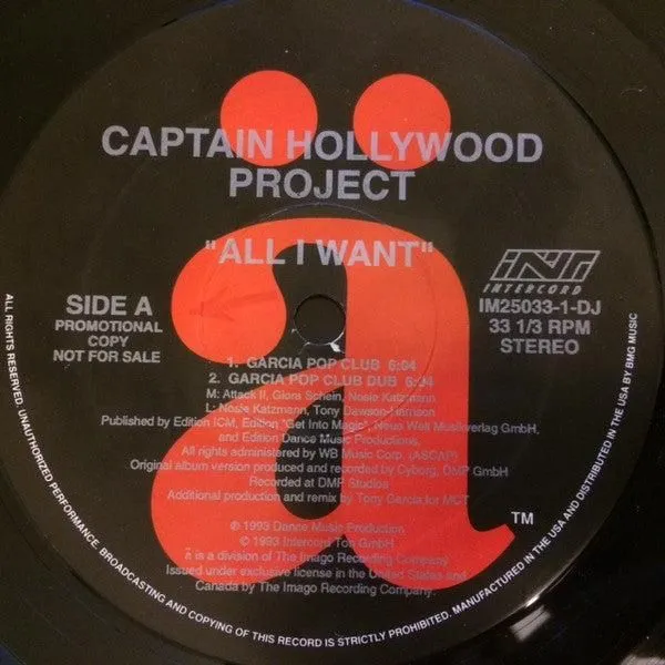 Captain Hollywood Project - All I Want (12", Promo)