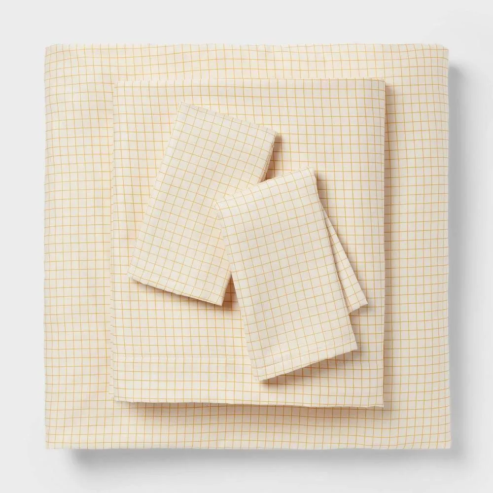New without box - Full Cotton Blend Sateen Sheet Set Yellow Micro Grid - Room Essentials
