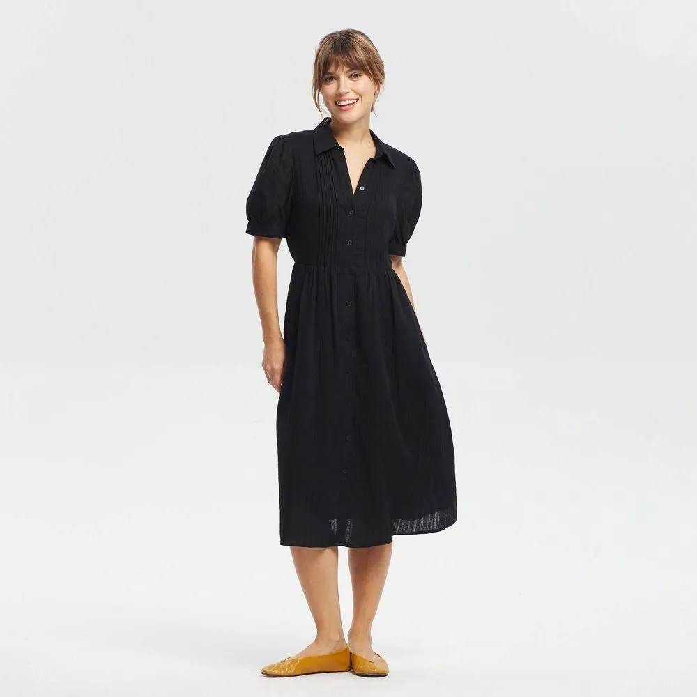 New without Tags - Women's Puff Short Sleeve Eyelet Midi Shirtdress - Universal Thread Black L