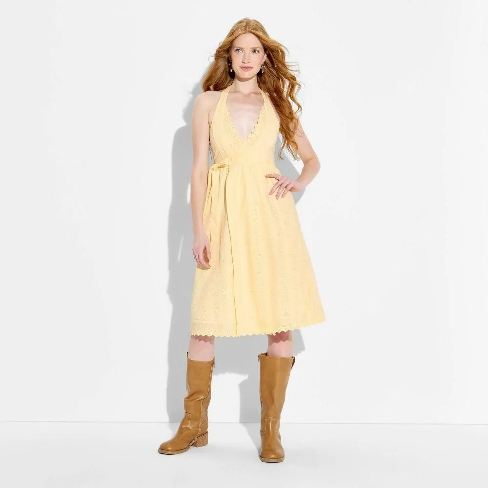 New without Tags - Women's Eyelet Midi Wrap Dress - Wild Fable Light Yellow M