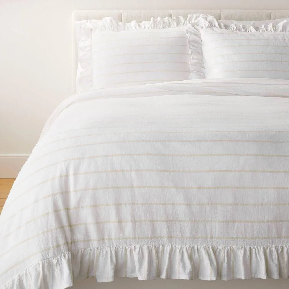 New without box - California King Yarn Dye Stripe with Ruffle Duvet Cover & Sham Set