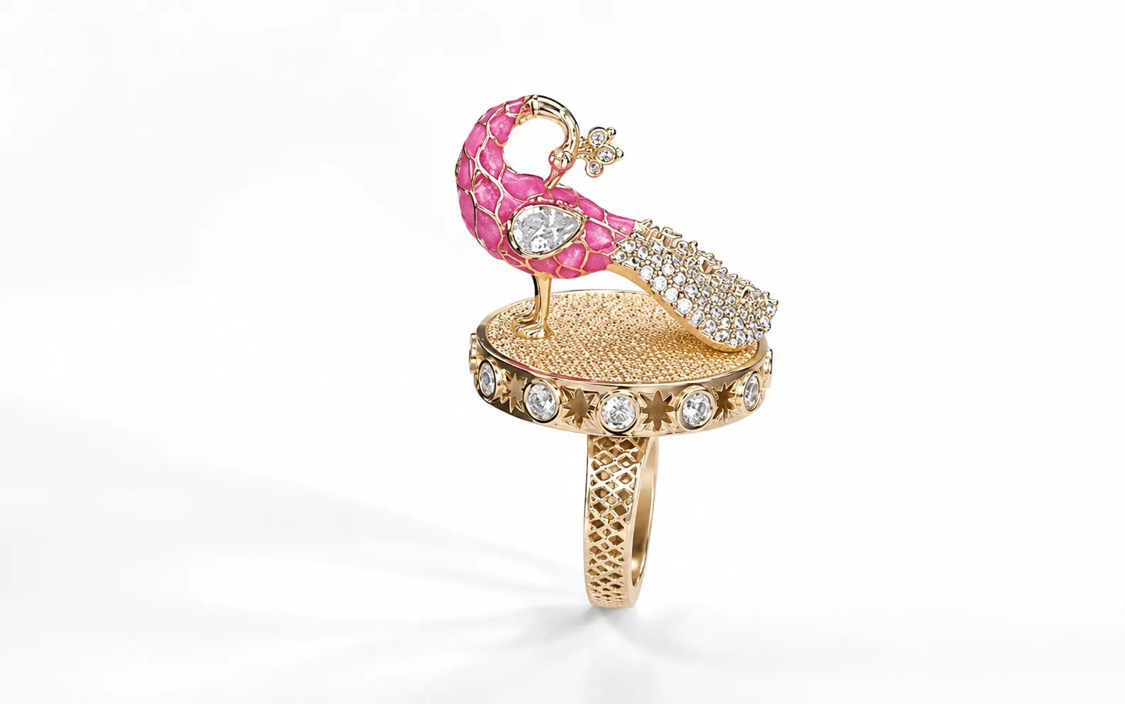 Mayura Pink Enamel Peacock Statement Cocktail Ring | Jaipur Rose Indian Jewelry Kerala Jewelry USA