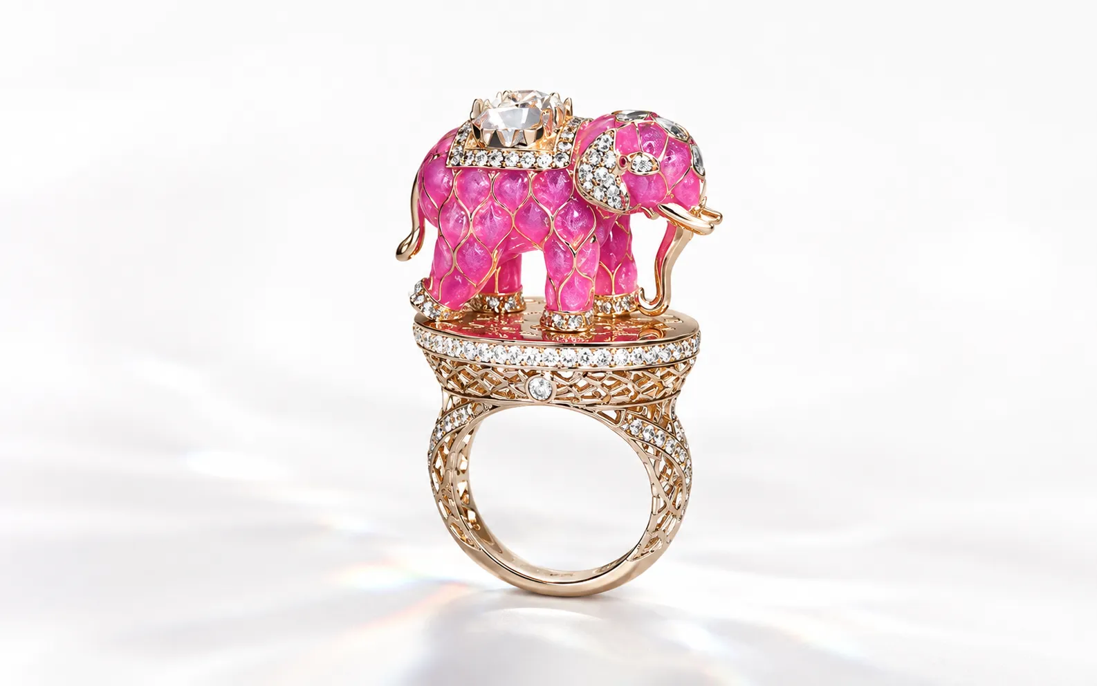 Gaja Pink Enamel Elephant Cocktail Ring | Jaipur Rose Indian Jewelry Kerala Jewelry USA