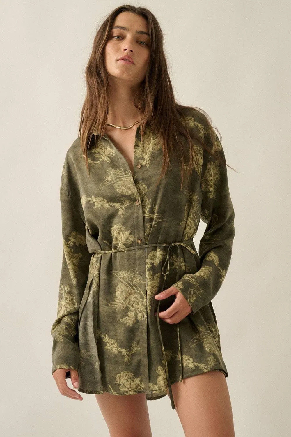Floral-Print Satin Long-Sleeve Belted Button-Up Shirt Romper