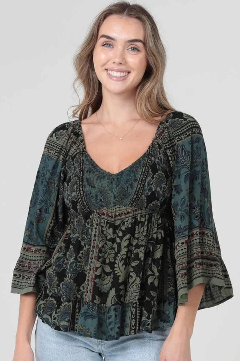 V-Neck Smocked Bodice Bell Sleeve Top