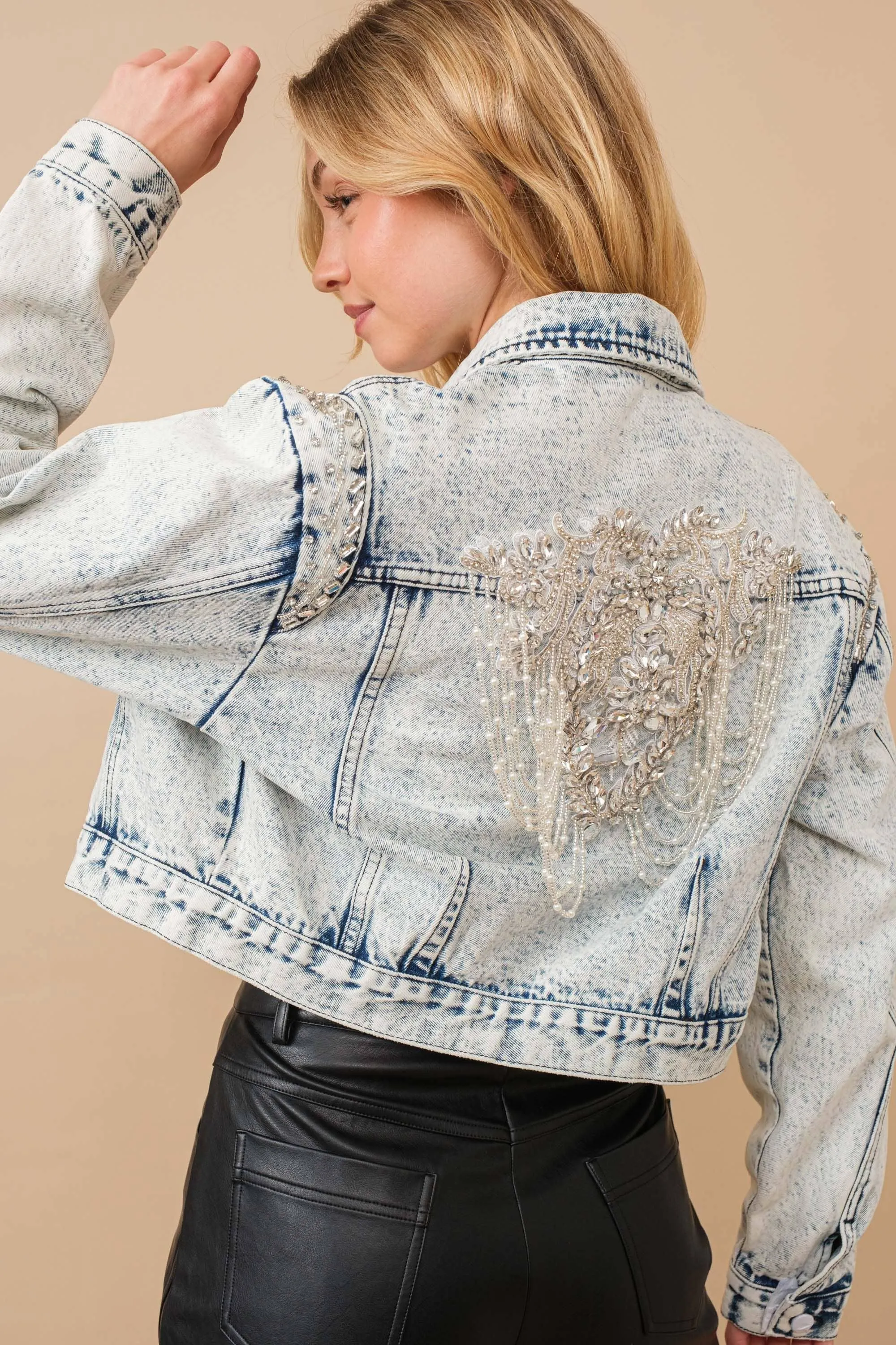 Your Mama’s Beaded Acid Washed Denim Jacket