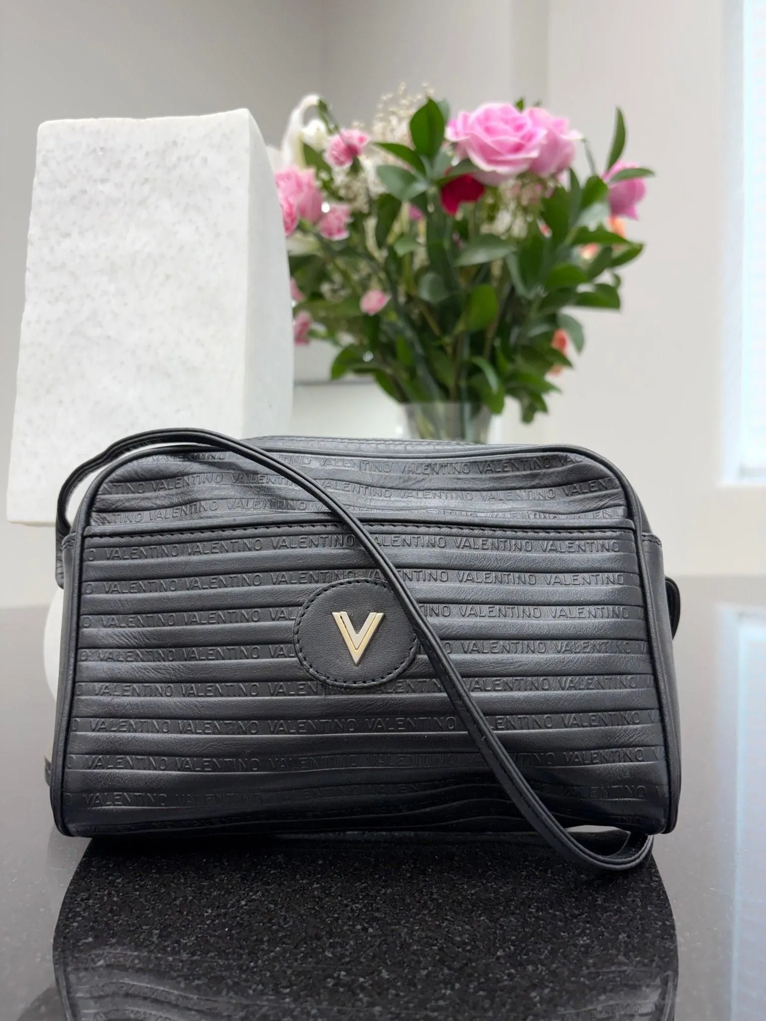 Valentino Black Logo Embossed Crossbody Bag