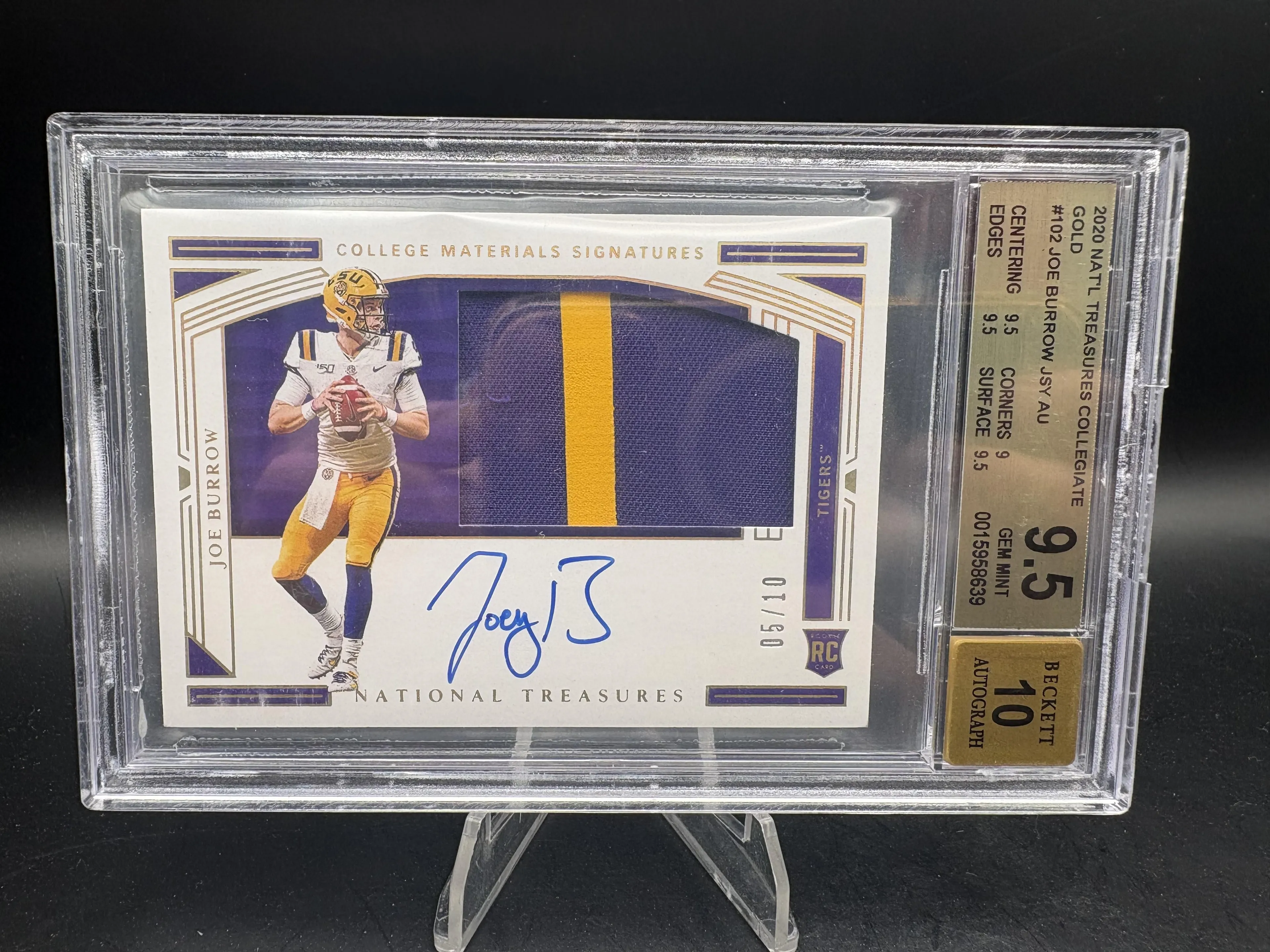 2020 Panini National Treasures Collegiate Gold #/10 Joe Burrow BGS 9.5 Auto 10
