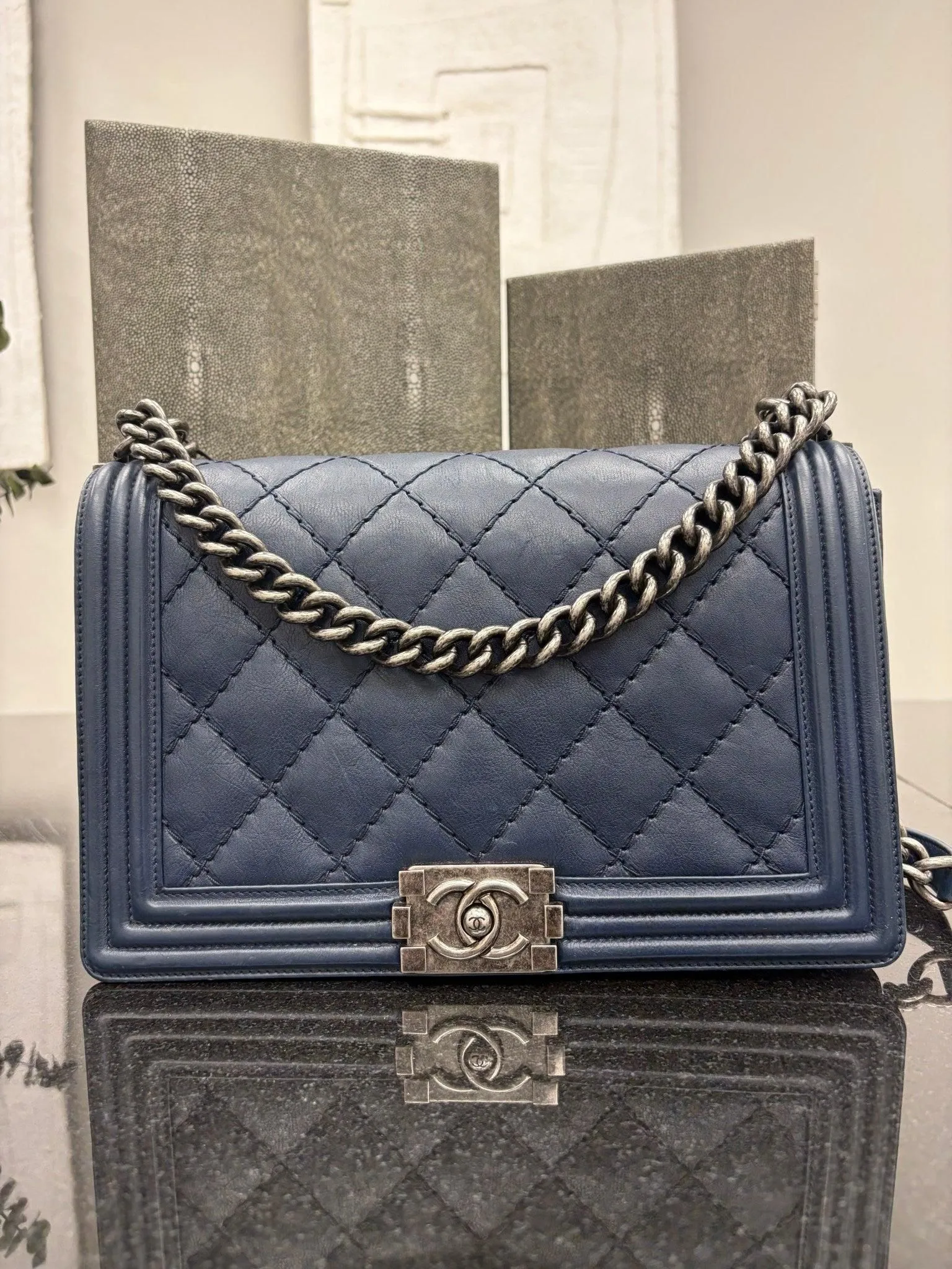 Chanel Navy Blue Calfskin Boy Bag