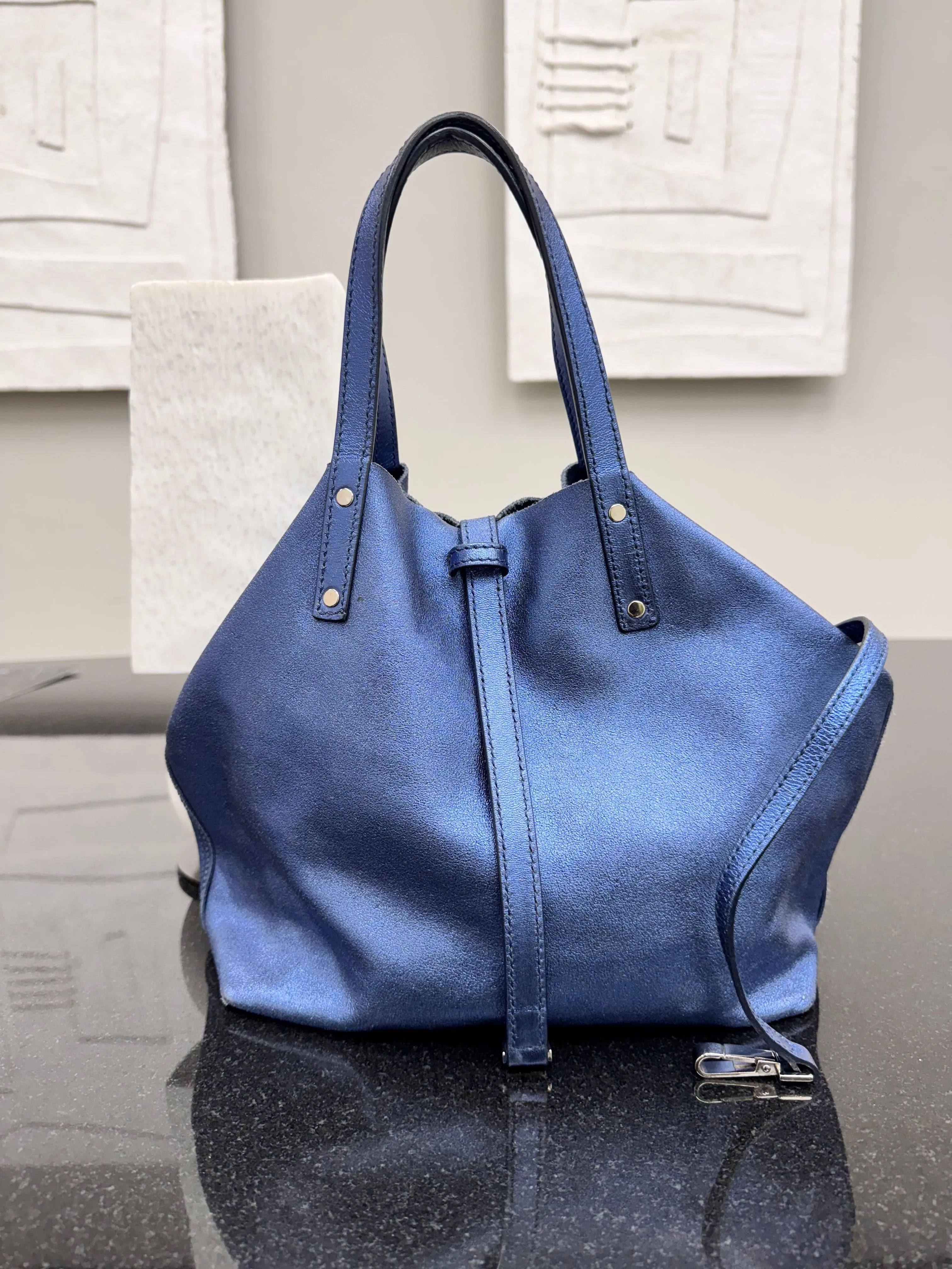 Tiffany & Co. Metallic Blue Leather Reversible Tote Bag
