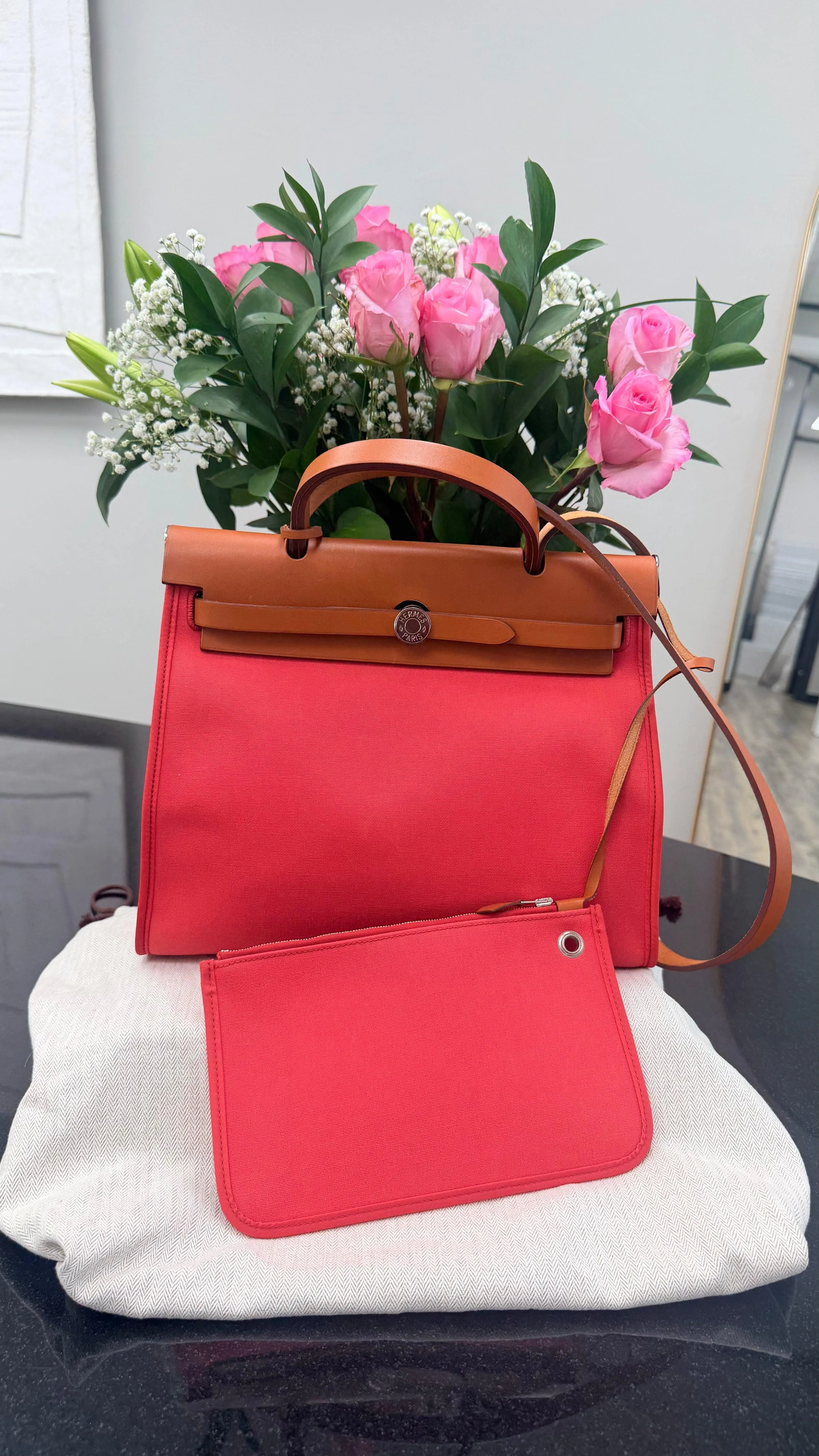 Hermes Red Toile Canvas Herbag Zip 31 Handbag
