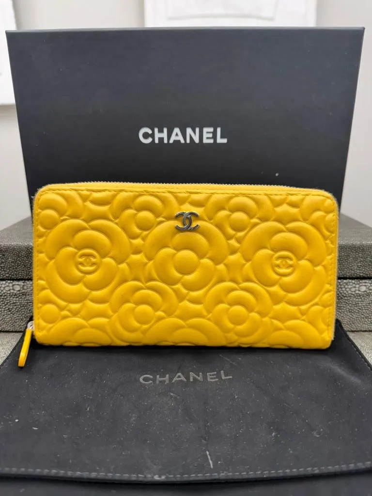 Chanel Yellow Embossed Camellia Flower Leather Zippy Wallet