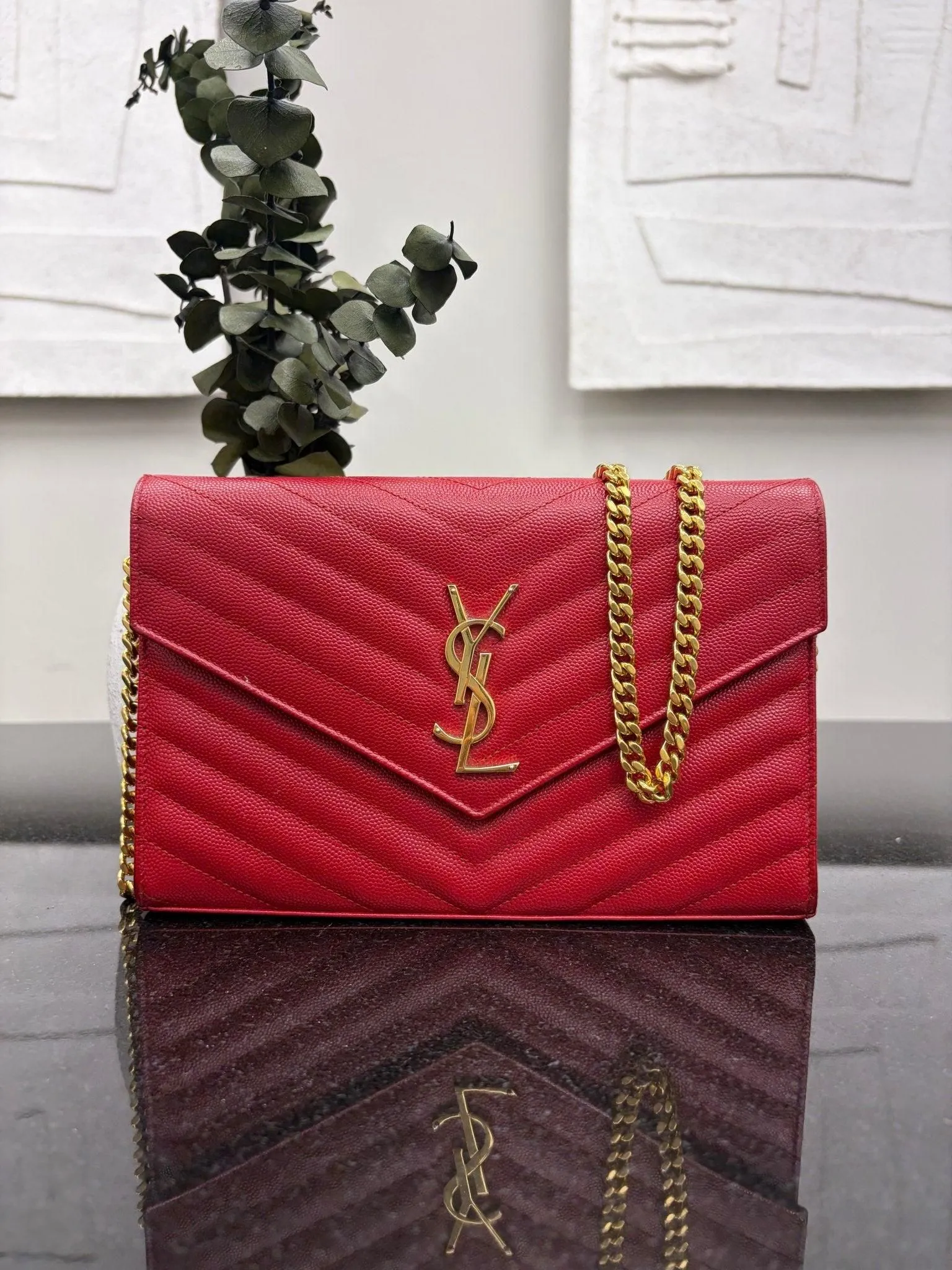 Saint Laurent YSL Red Caviar Wallet on a chain