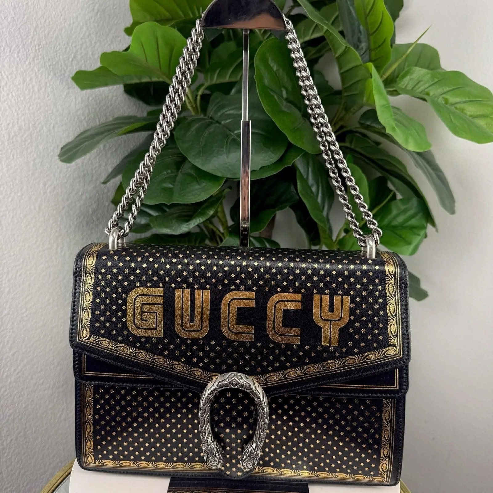 Gucci Dionysus Gucci Print Black Leather Chain Shoulder Bag Authentic Pre Owned