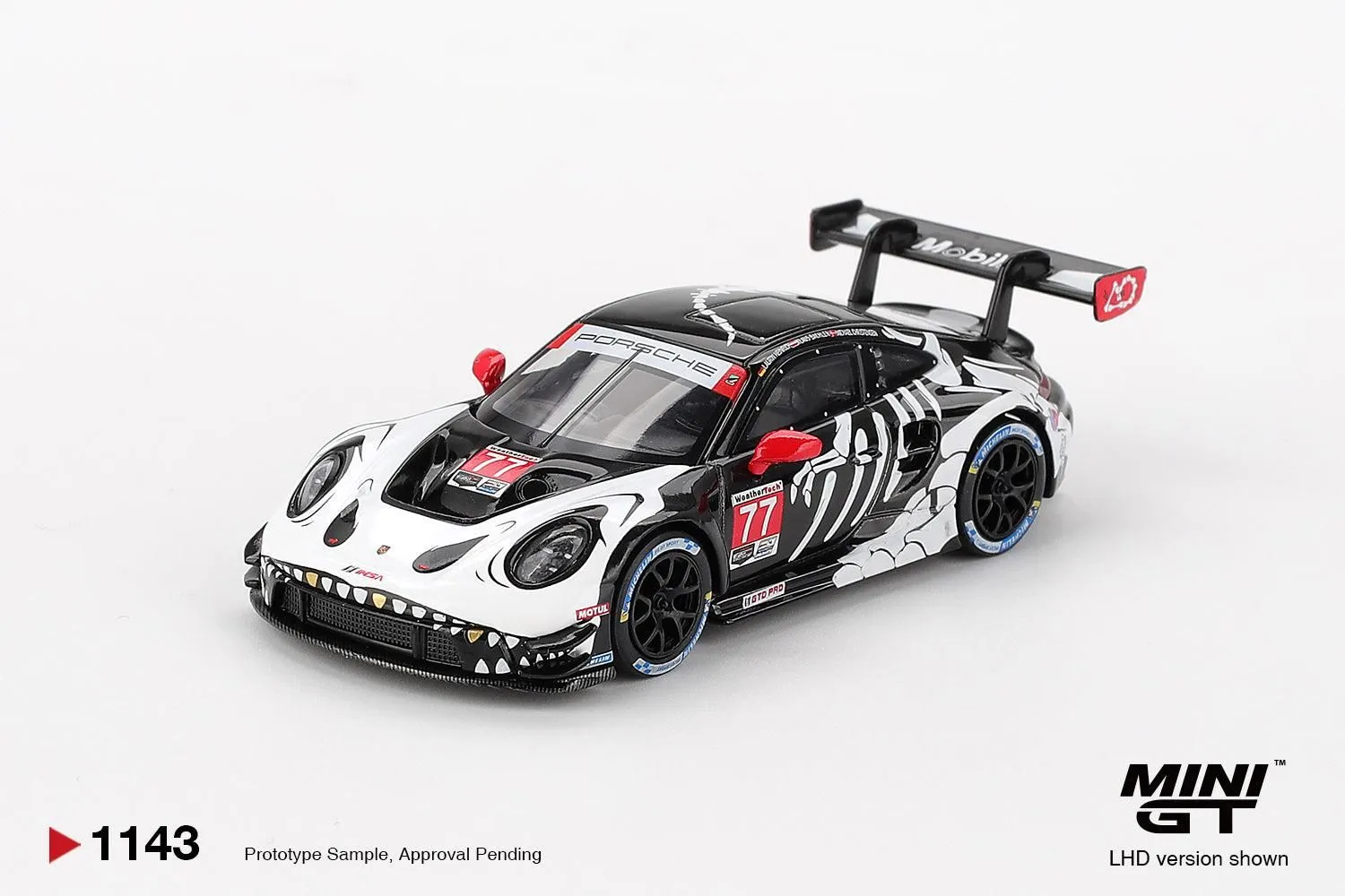 Mini GT #1143 - Porsche 911 GT3 R #77 AO Racing 2025 IMSA Petit Le Mans Skeleton Rexy