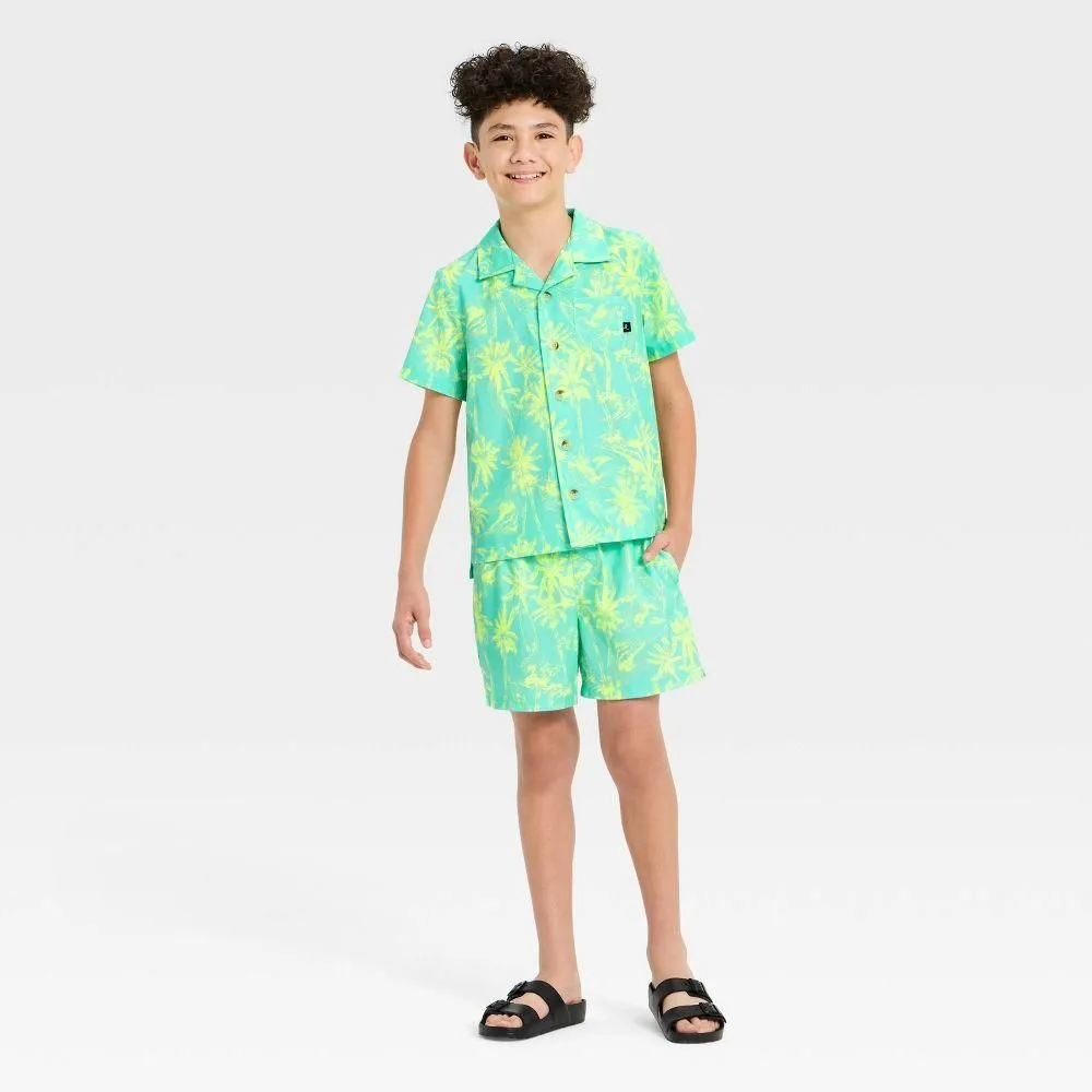 New without Tags - Boys' Palm Trees Printed Swimwear Sets - art class Teal XL Husky
