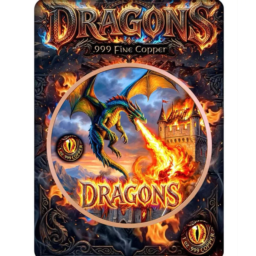 In Stock! Fire Dragon Colorized 1 oz Copper Round in Card (03/27)