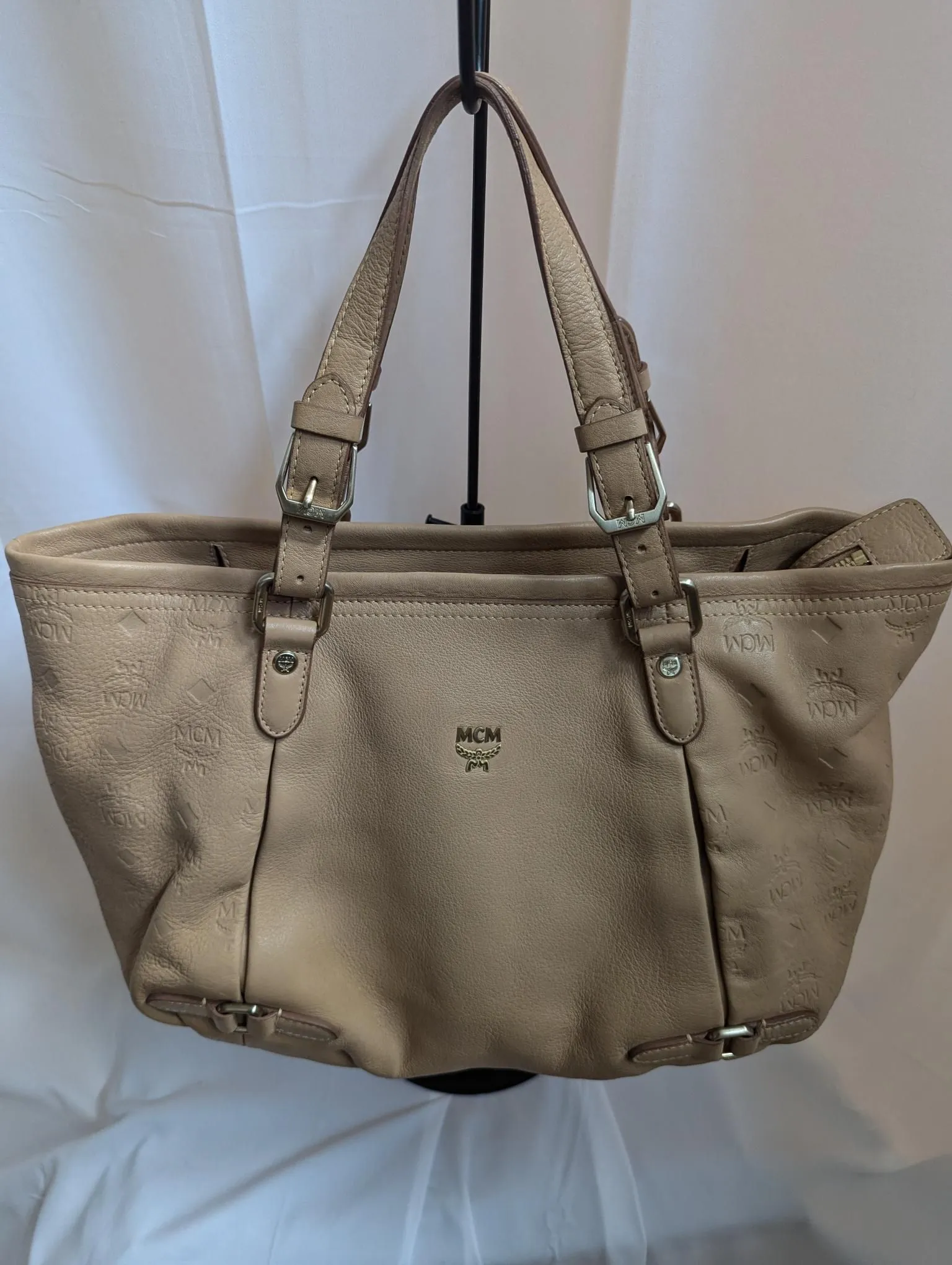 MCM Beige Leather with Embossed Logo Print Handbag