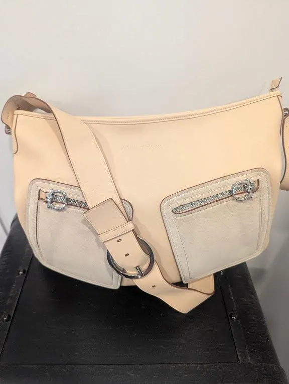 Salvatore Ferragamo Beige Leather and Suede Crossbody Shoulder Bag with Silver Hardware