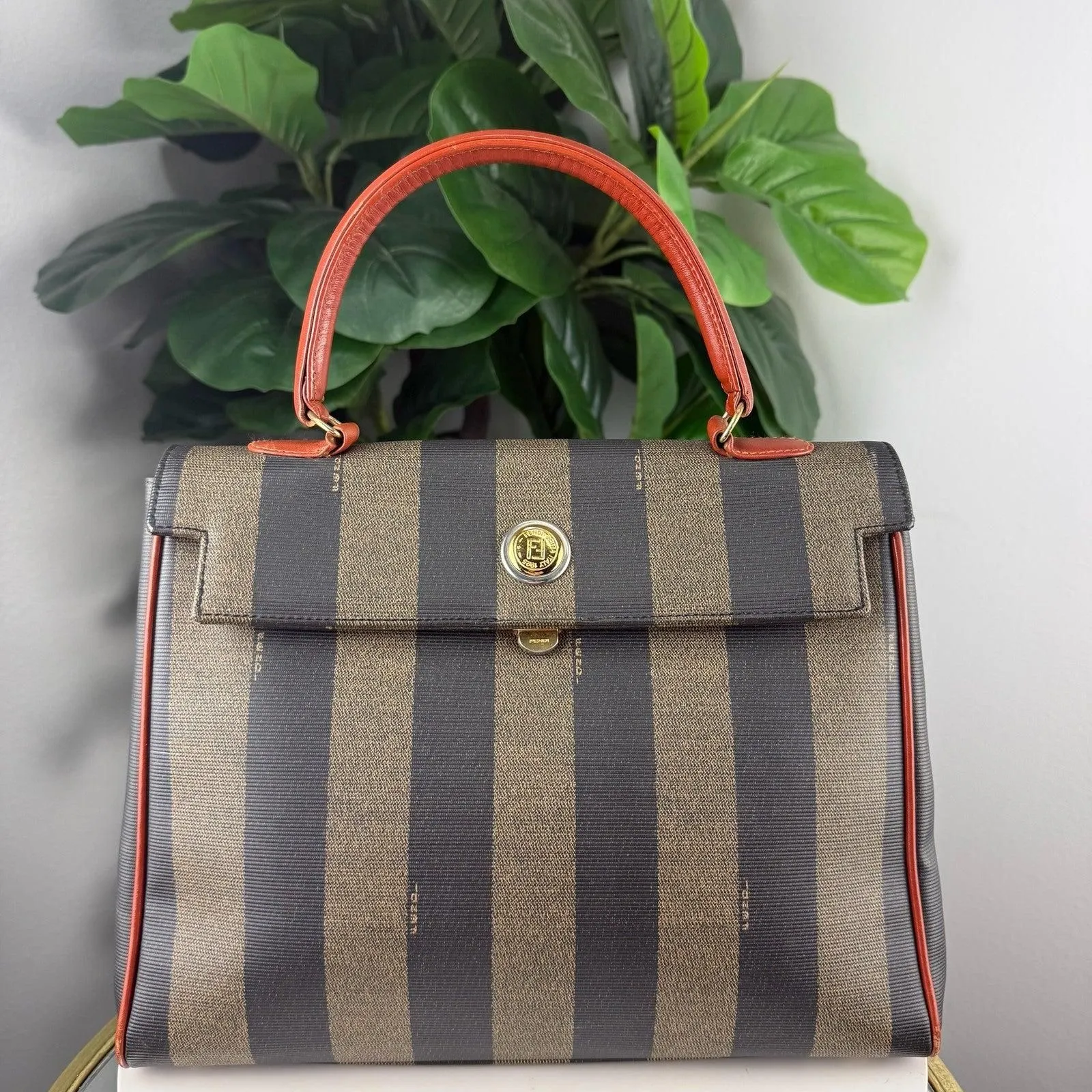 Authentic Vintage Fendi Pequin Stripe Top Handle Bag - Red Leather Trim
