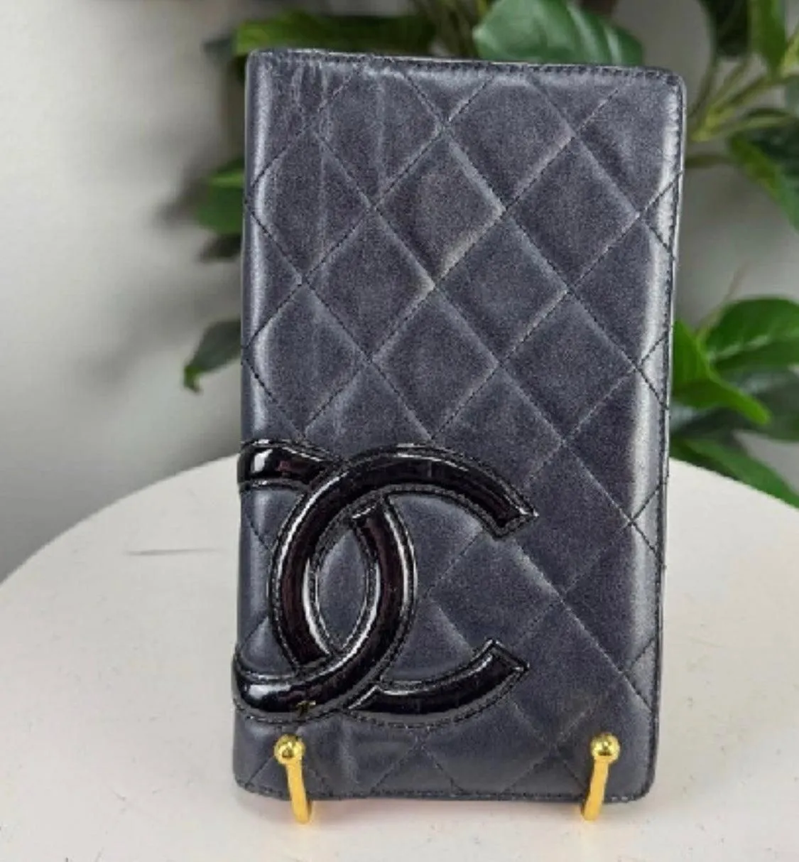 Authentic Chanel Cambon Quilted Lambskin Long Wallet - Black Pink Interior