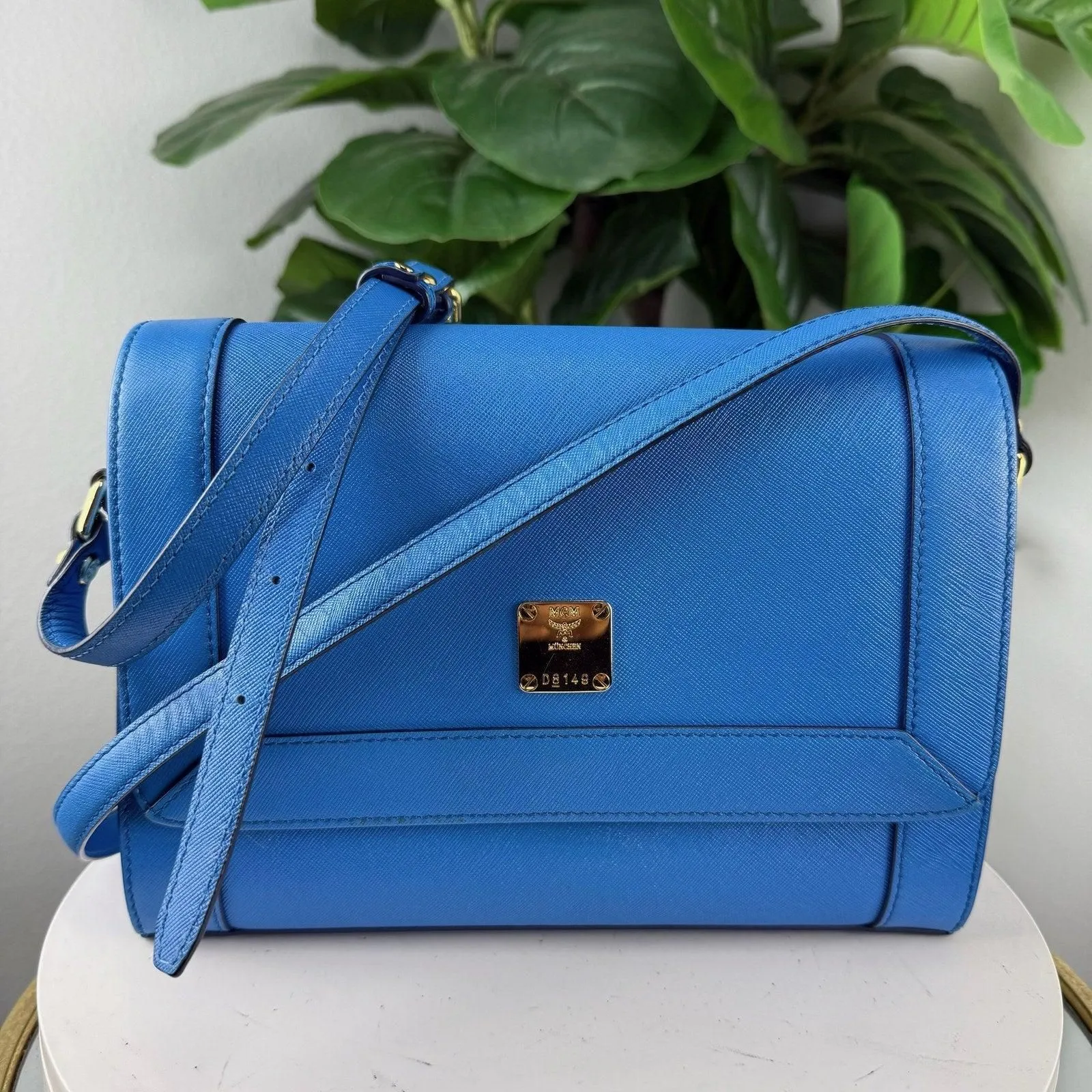 Authentic MCM Blue Saffiano Leather Flap Crossbody Bag - Gold Hardware