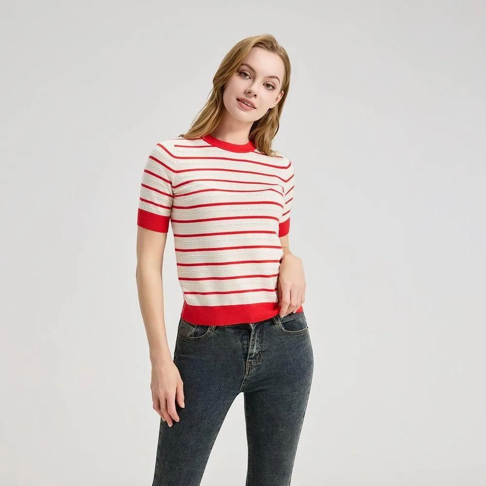 New without Tags - Women's Short Sleeve Crewneck Pullover Sweater - Universal Thread Red Striped XS