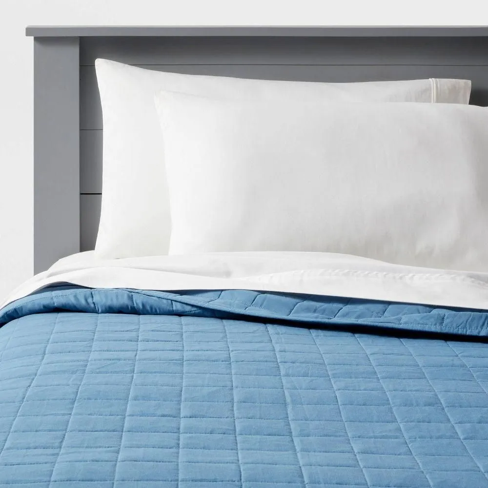 New without box - Full/Queen Box Stitch Microfiber Kids' Quilt Blue - Pillowfort
